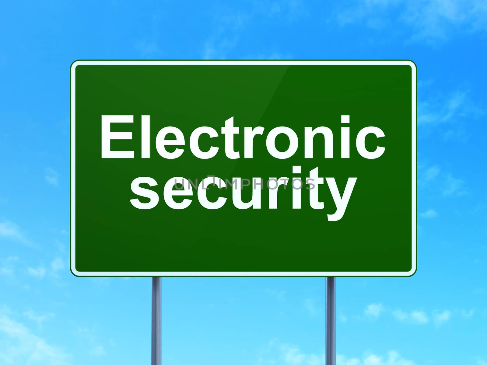 Protection concept: Electronic Security on green road highway sign, clear blue sky background, 3D rendering