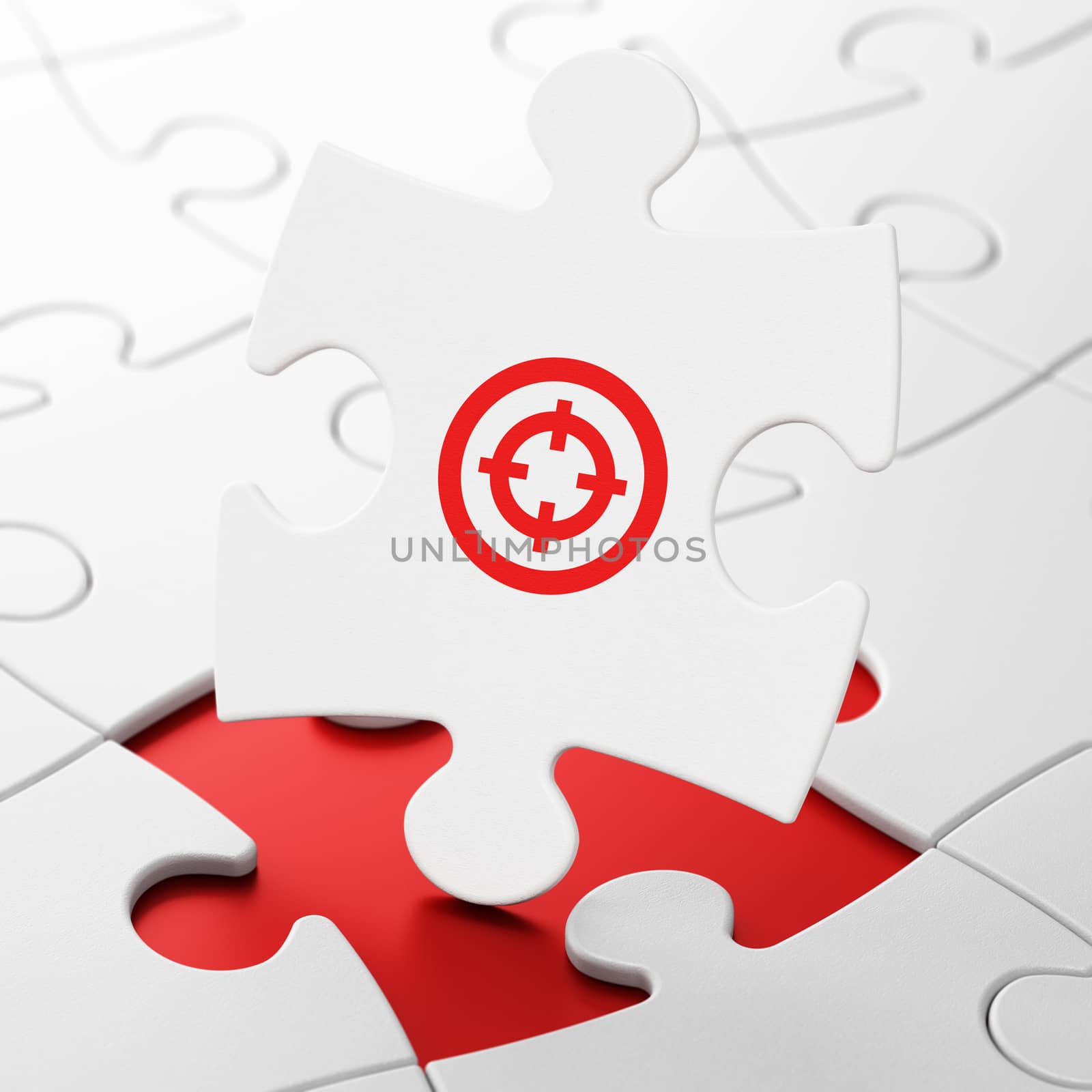 Finance concept: Target on White puzzle pieces background, 3D rendering