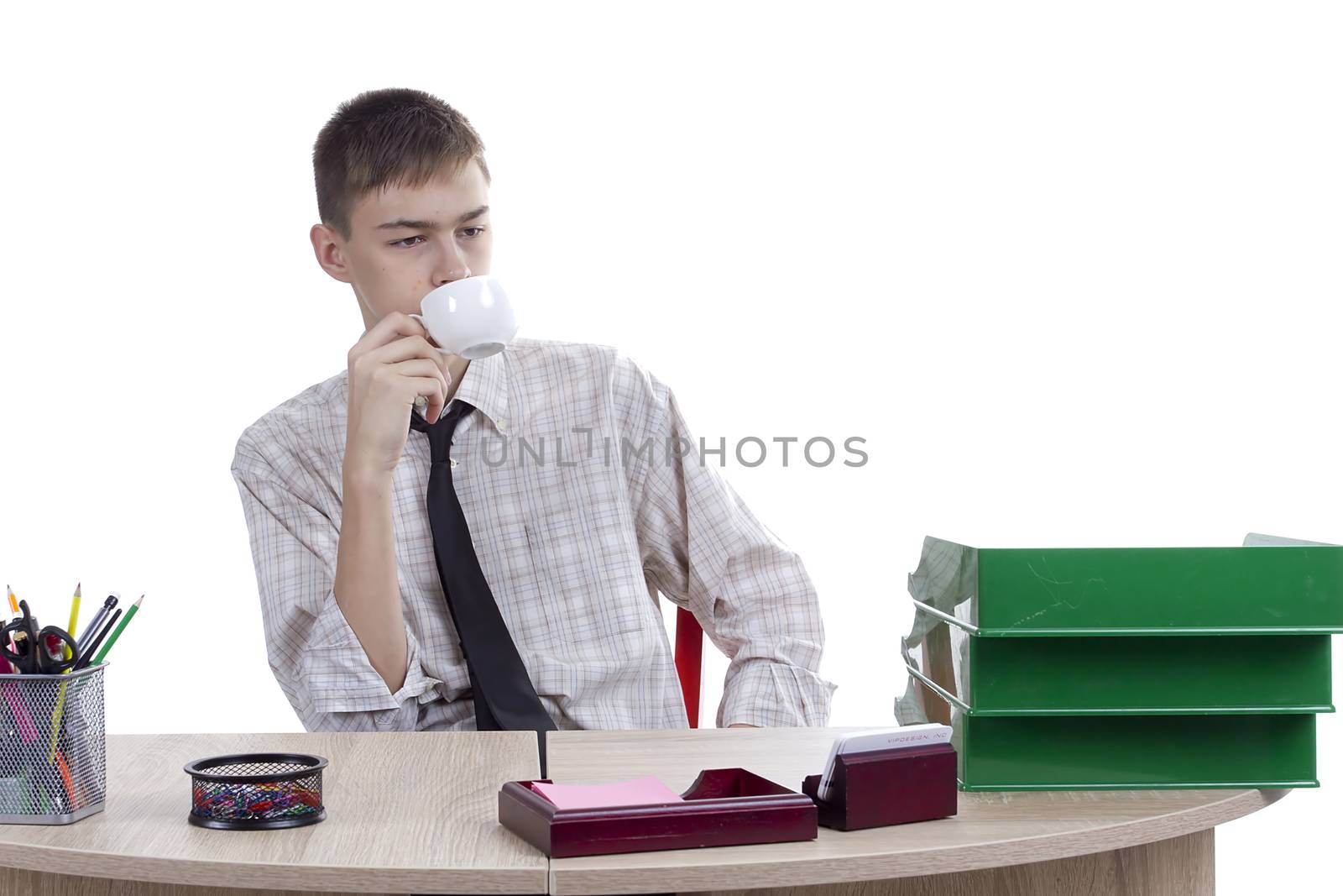 Relaxed young man office worker on a white background