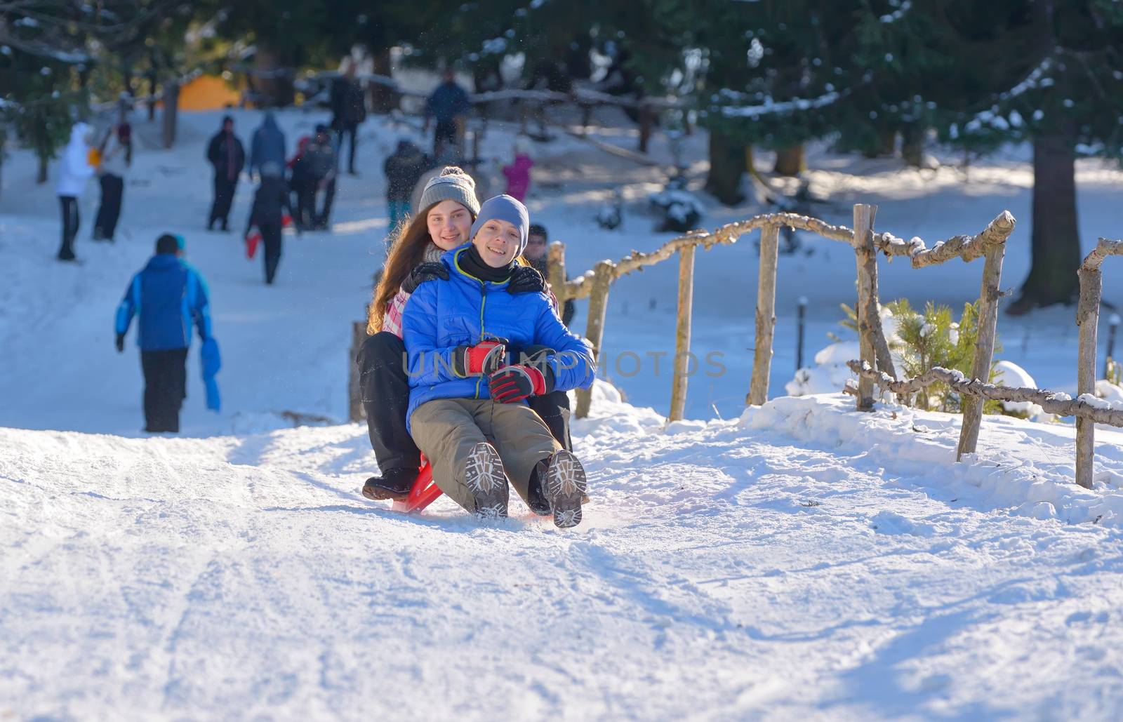 teenagers slide downhill in wintertime