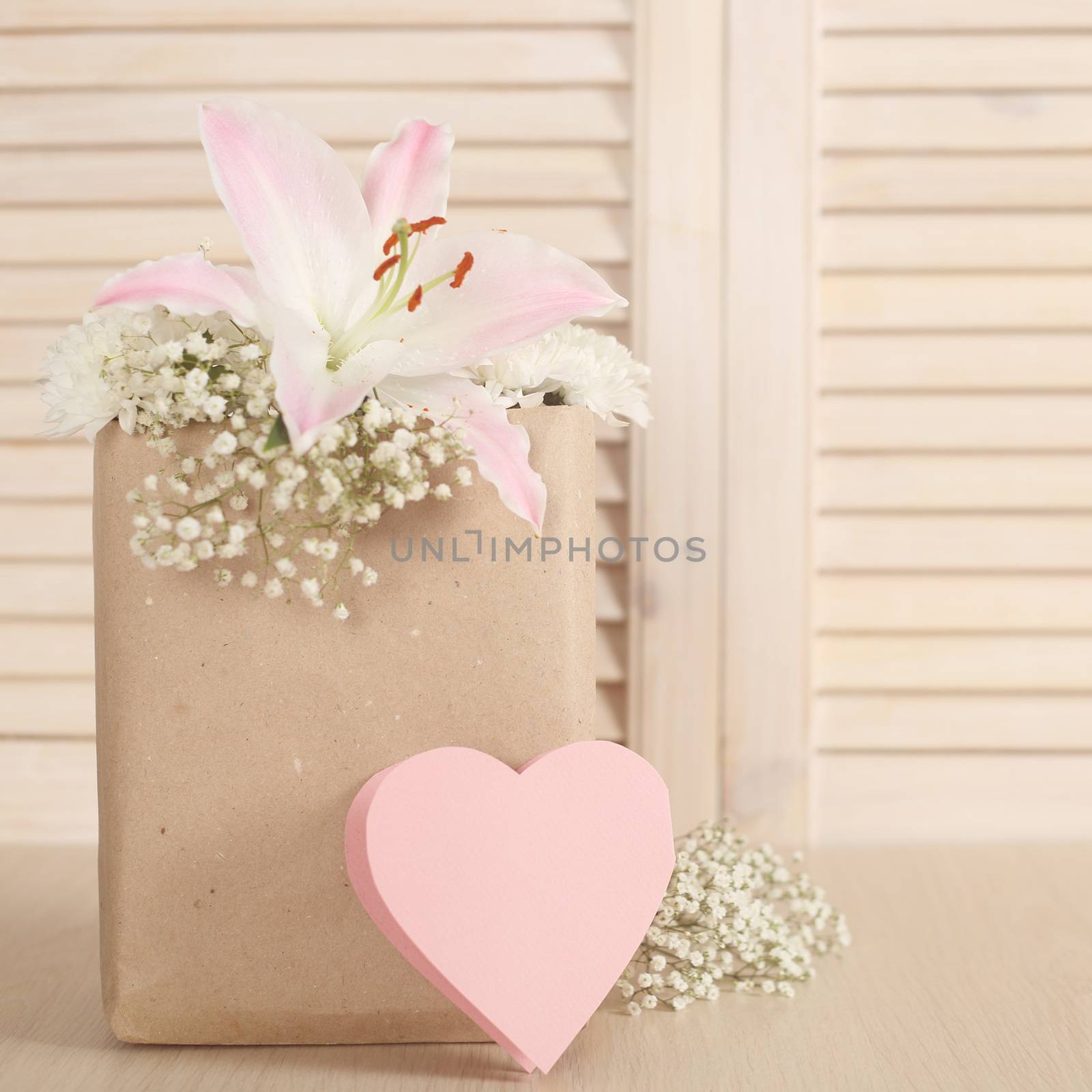 Valentine day heart shapes paper card and bouquet of flowers