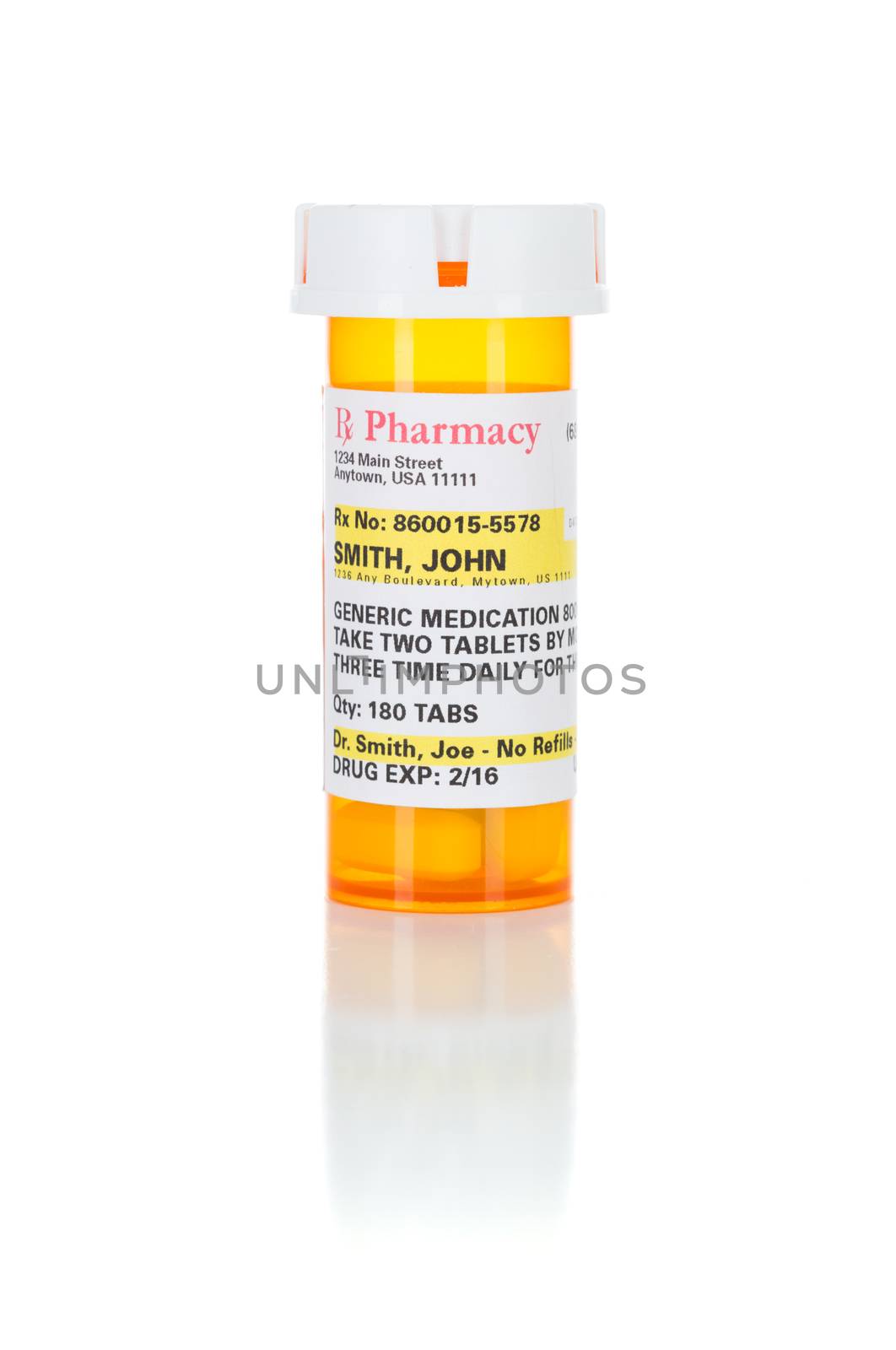 One Non-Proprietary Medicine Prescription Bottle Isolated on a White Background.