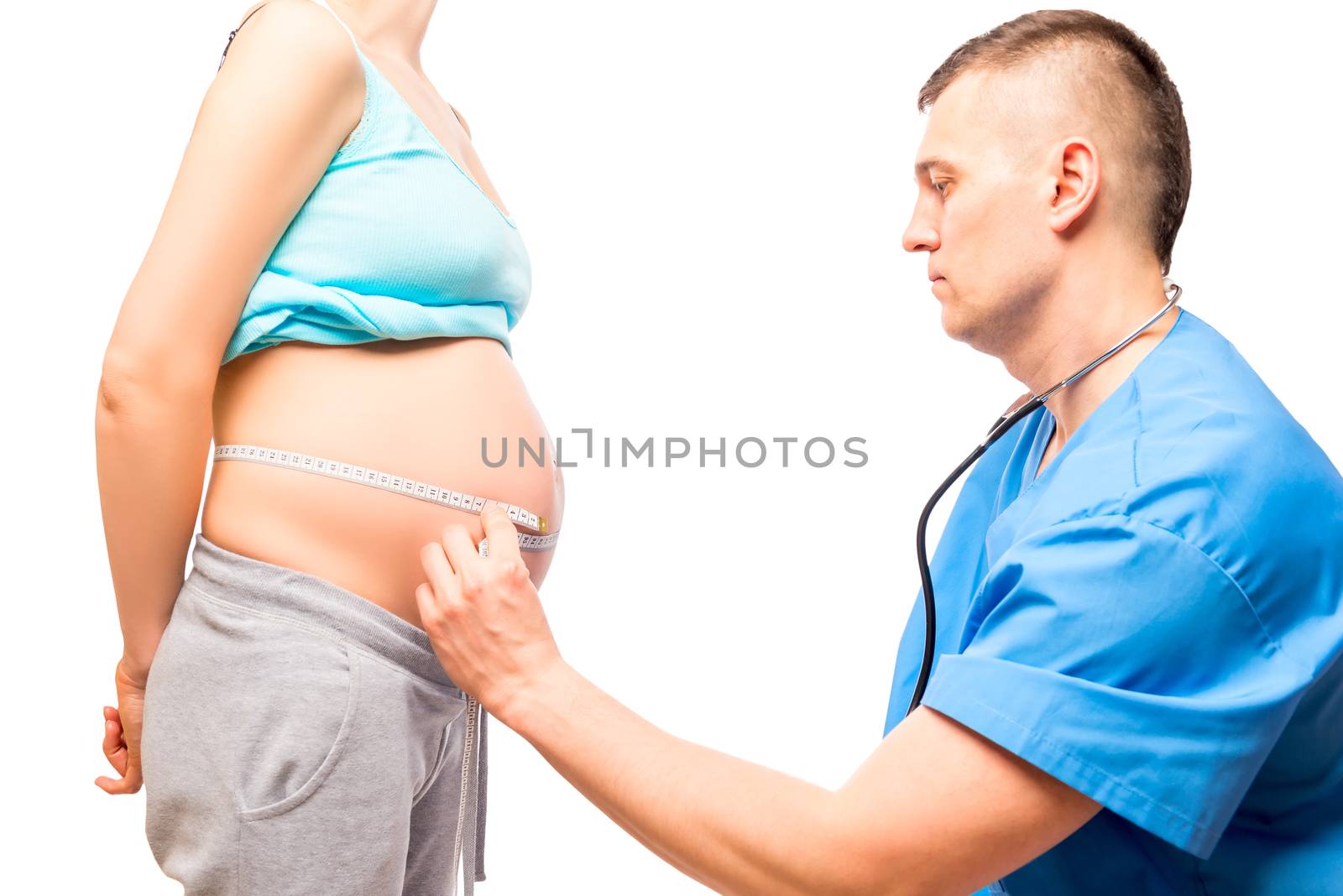 Portrait of doctor and pregnant woman, the measurement during pregnancy isolated