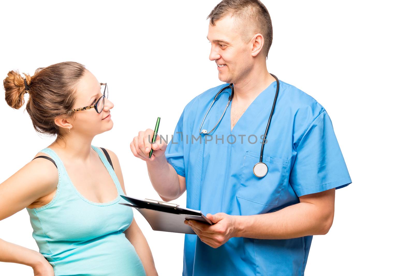 horizontal portrait of the pregnant woman and doctor isolated by kosmsos111
