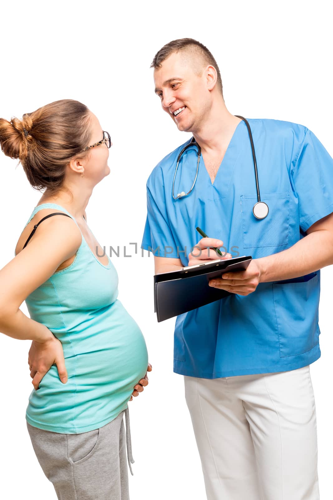 Vertical portrait of a pregnant woman and doctor isolated