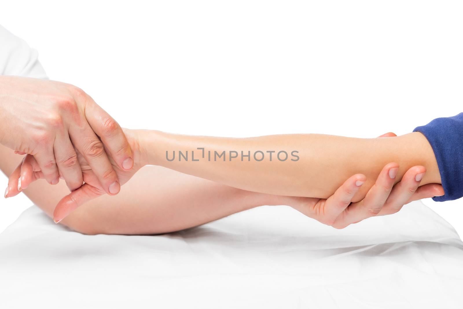 male masseur doing massage of female hands close up photo