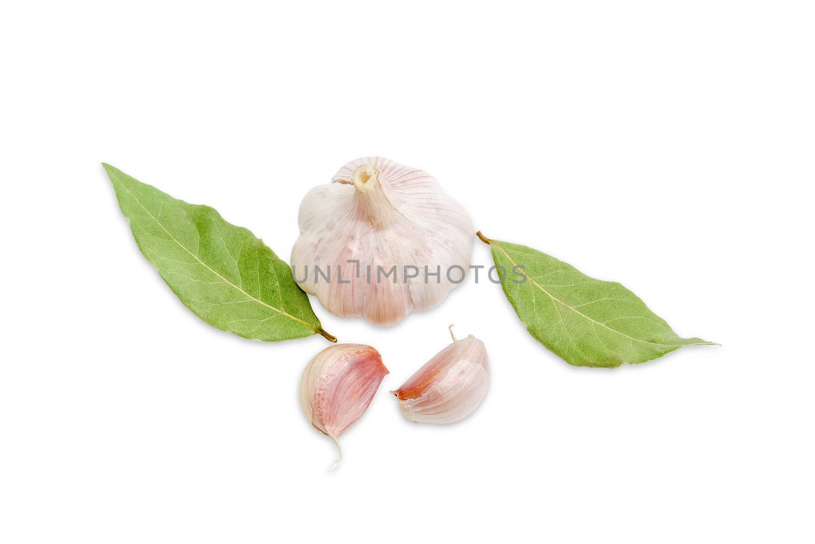 One garlic bulb and two garlic cloves, two dried bay leaves on a light background closeup
