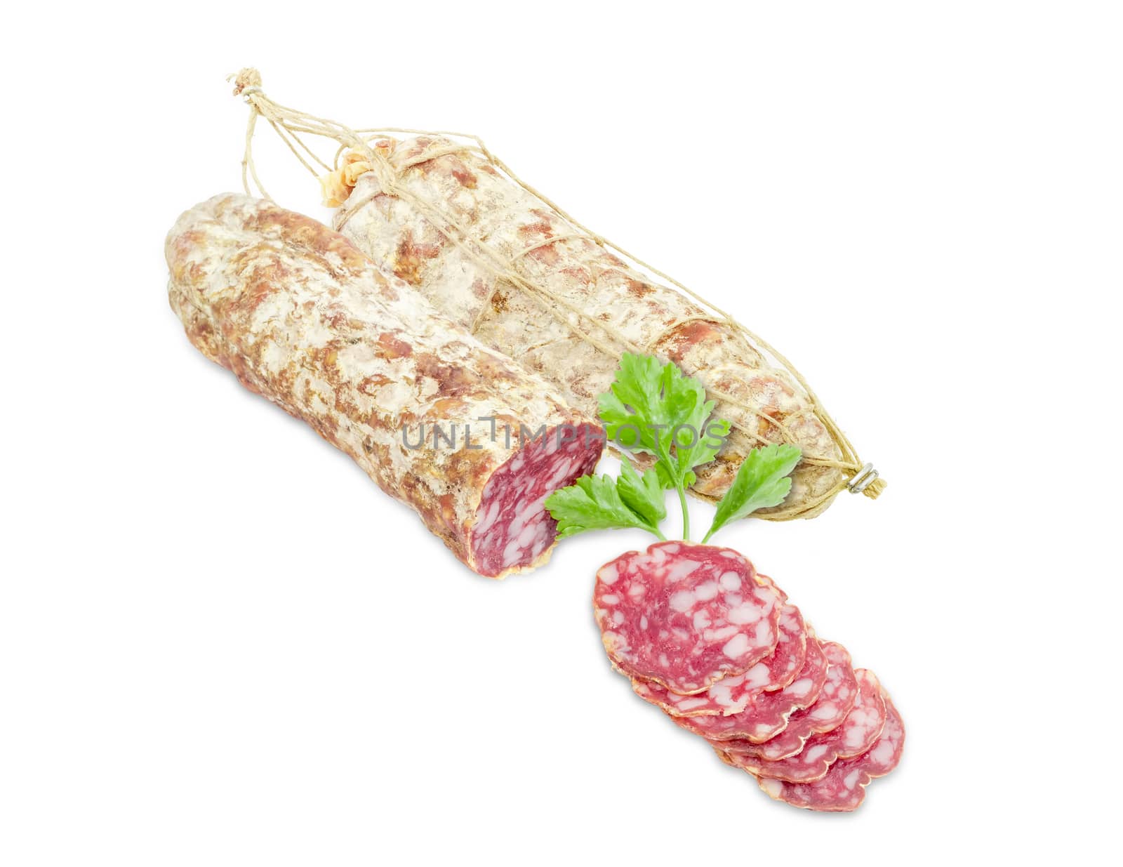 Salami and sprig of parsley  on a light background by anmbph