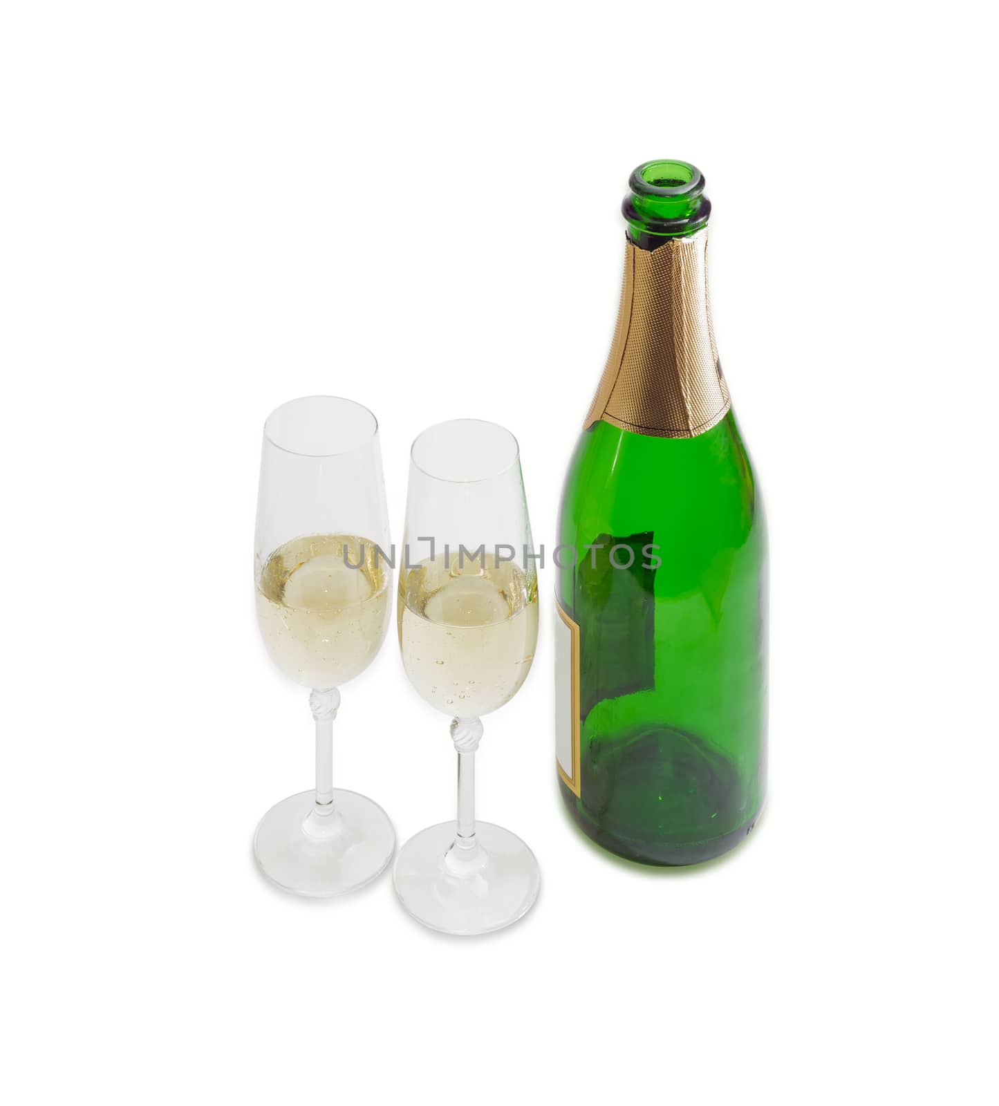 Two wine glasses and bottle with sparkling wine by anmbph