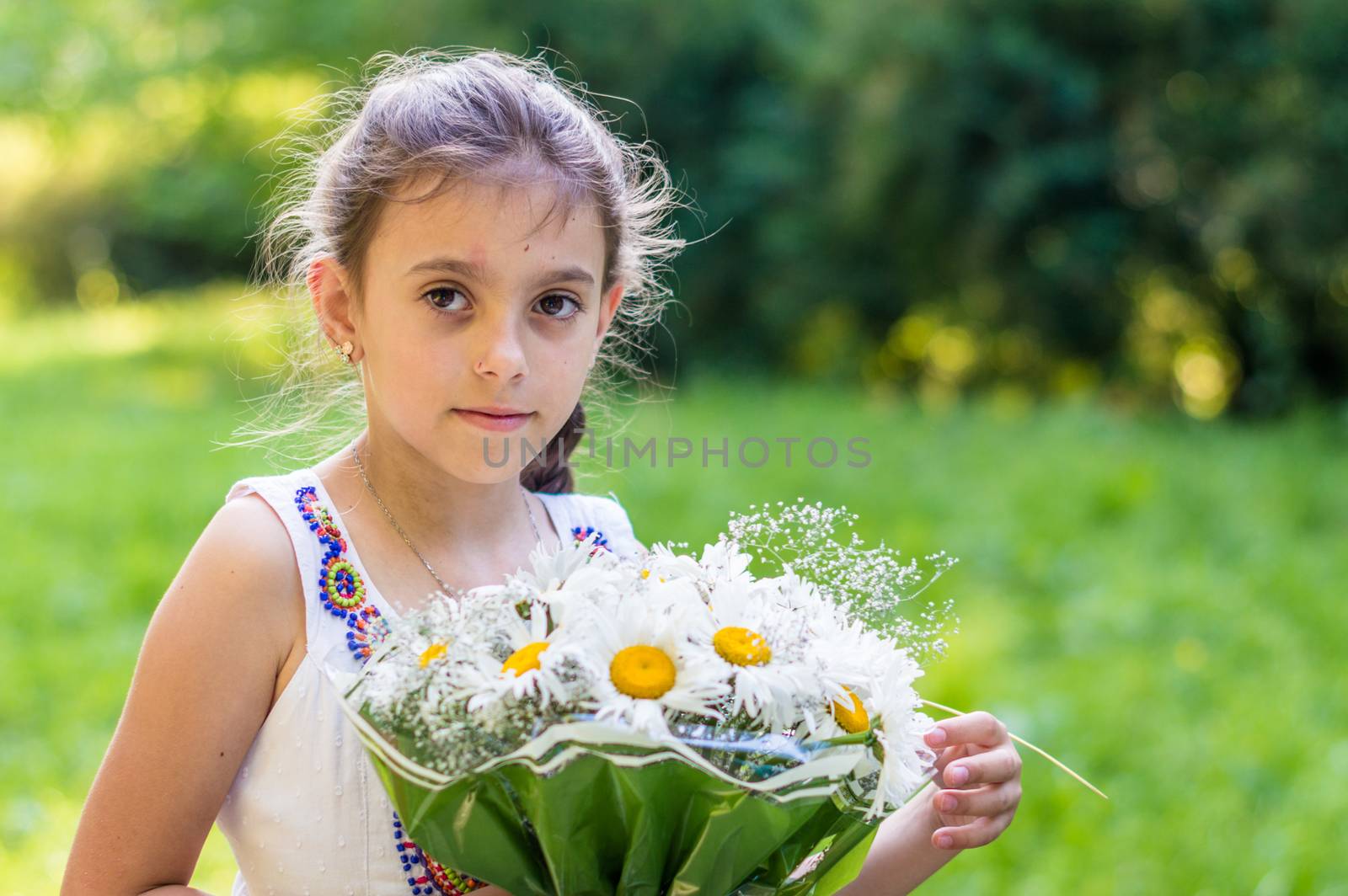 girl with a bouquet of daisies in the Park