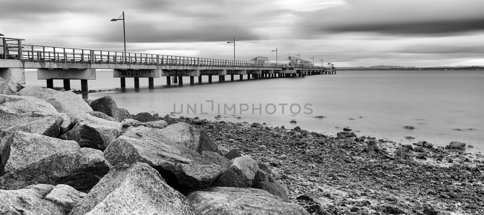 Woody Point Jetty in Redcliffe. Long exposure black and white.