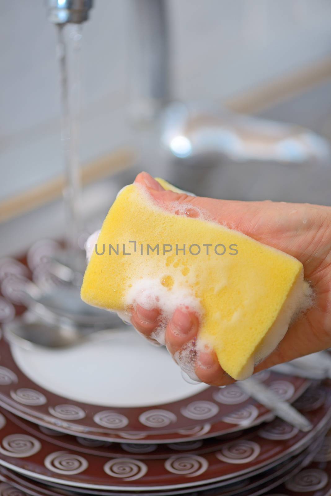 Washing the dishes on the kitchen sink