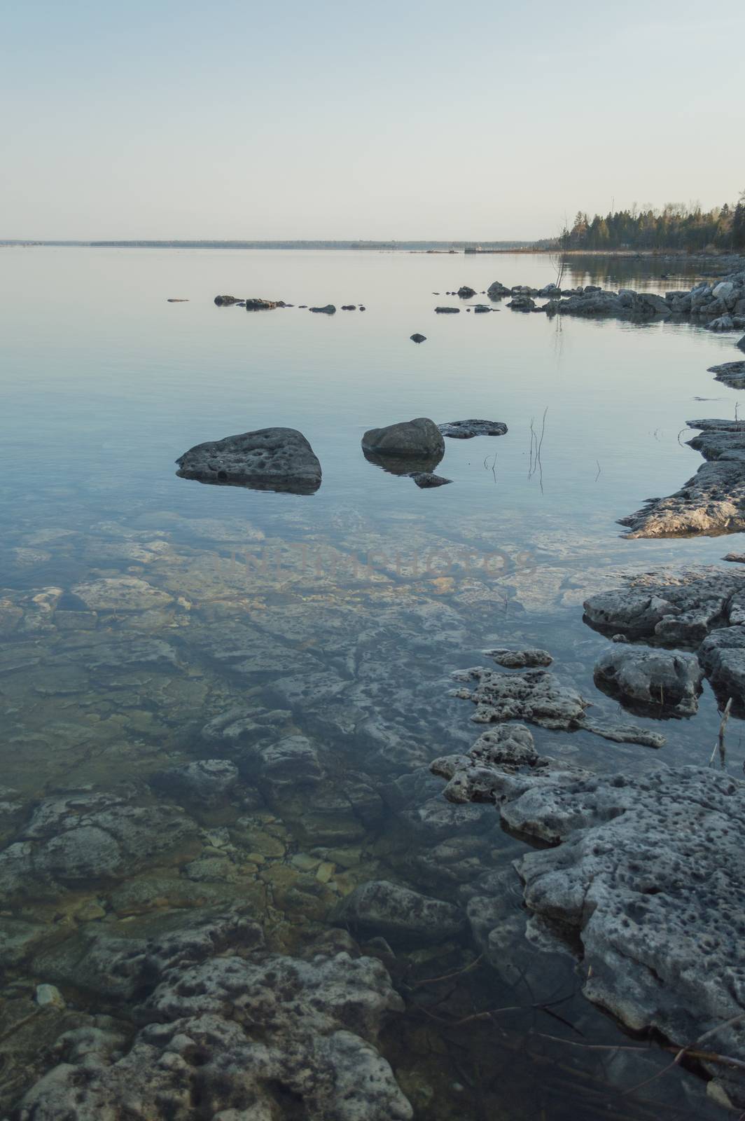 Dead calm morning image of shallow and clear lake huron water and limestone rocks along theshoreline.  A small tree-covered peninsula is on the horizon. Overall feeling is a calm, peaceful, tranquil, serene and wild background.