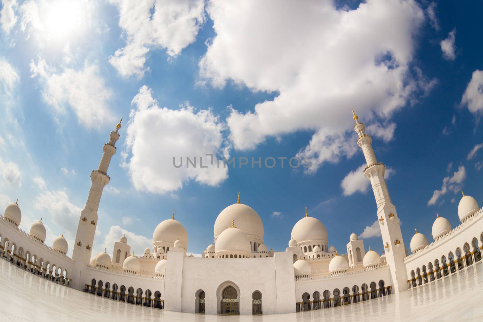 Fish eye view of Sheikh Zayed Grand Mosque in Abu Dhabi, United Arab Emirates.