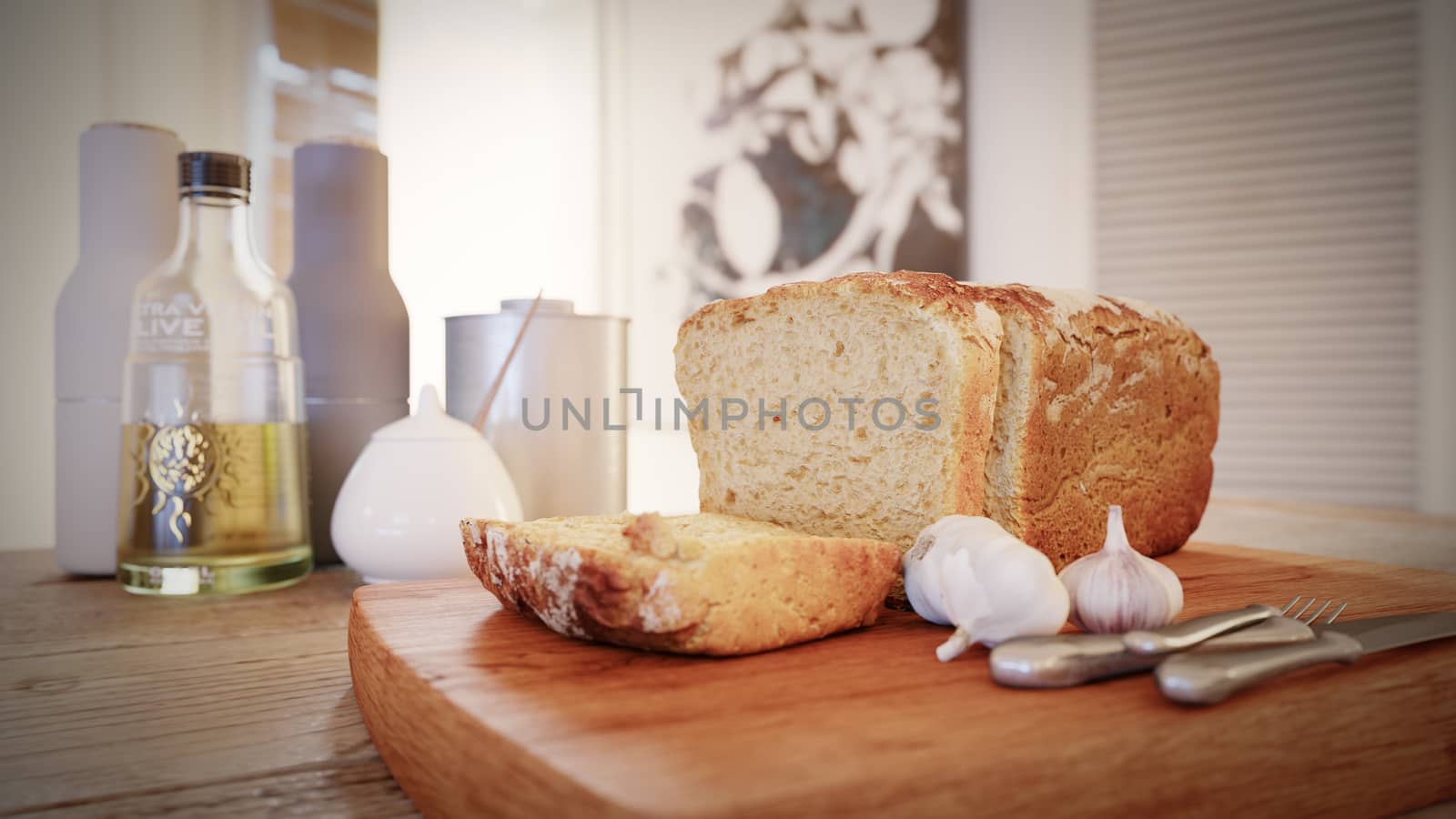 Fresh bread slice,garlic and olive oil bottle on rustic table conceptual photo by denisgo