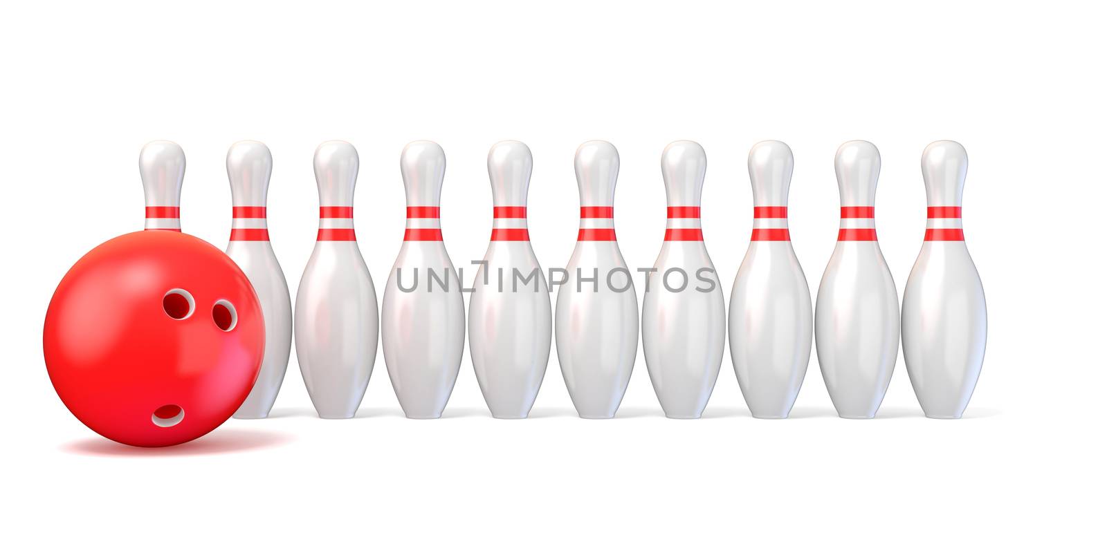 Bowling pins lined and bowling ball. 3D render illustration isolated on white background