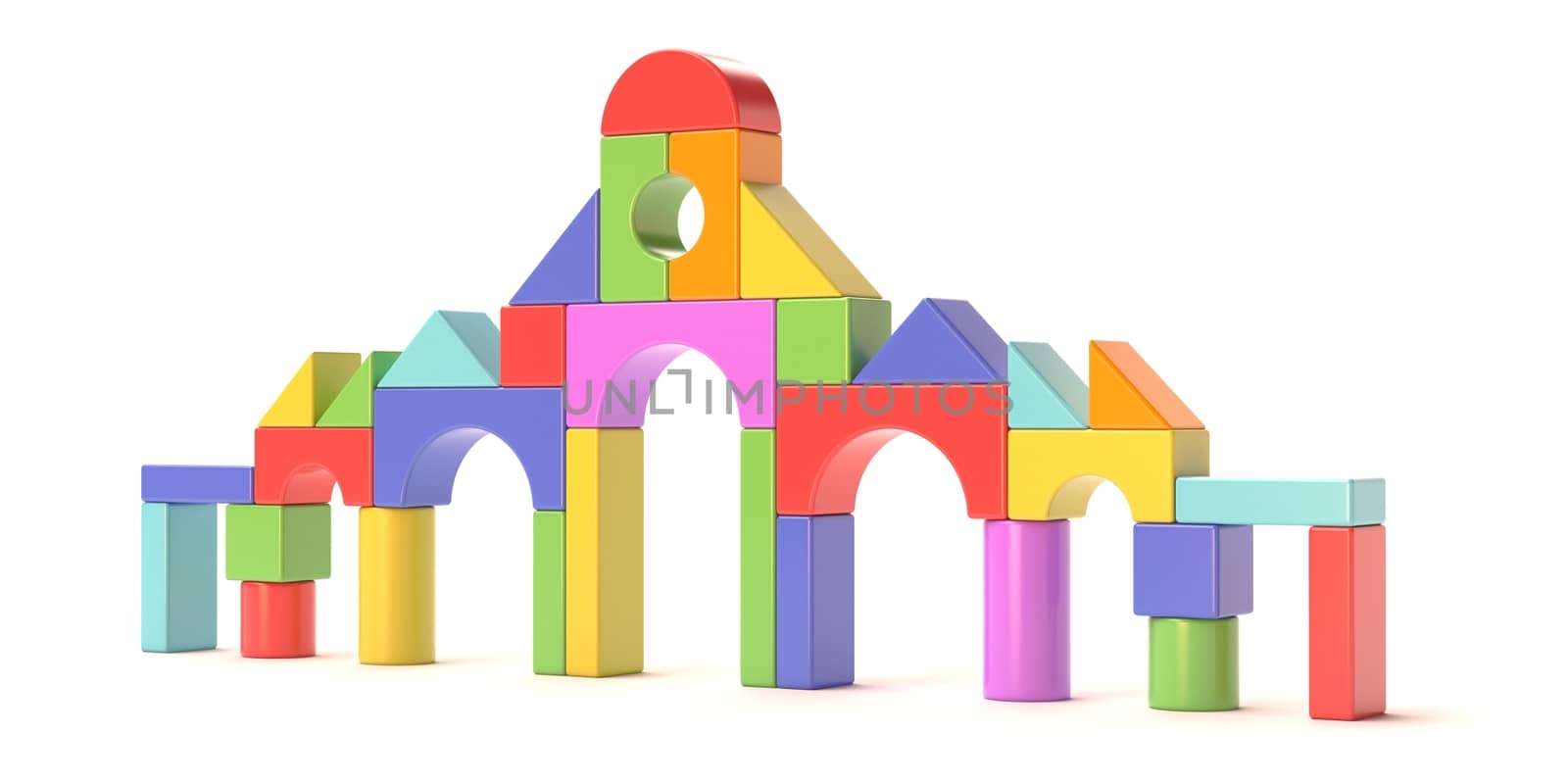 Plastic toy blocks, little castle front. 3D render illustration isolated on white background