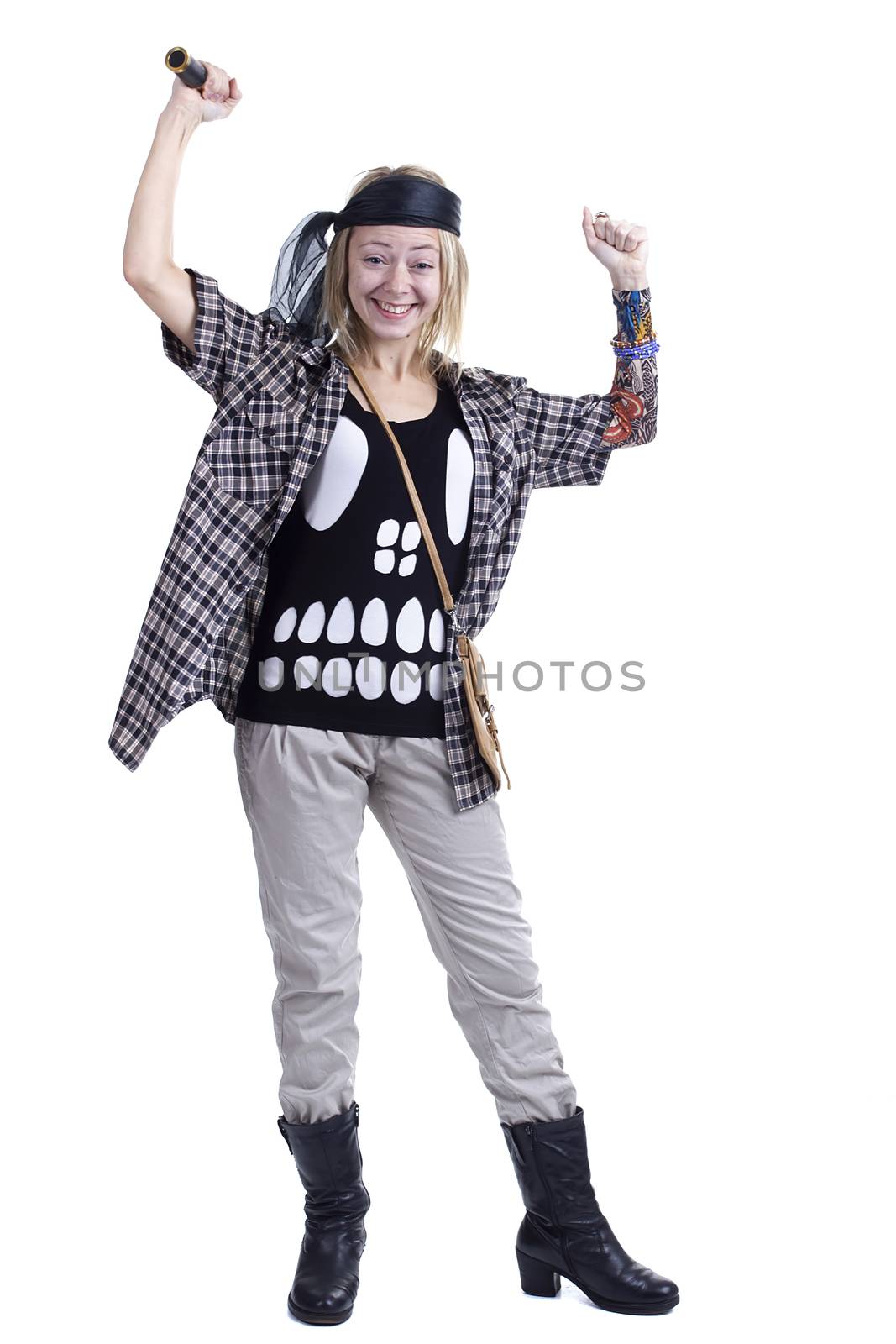 Young woman in the image of a pirate on a white background