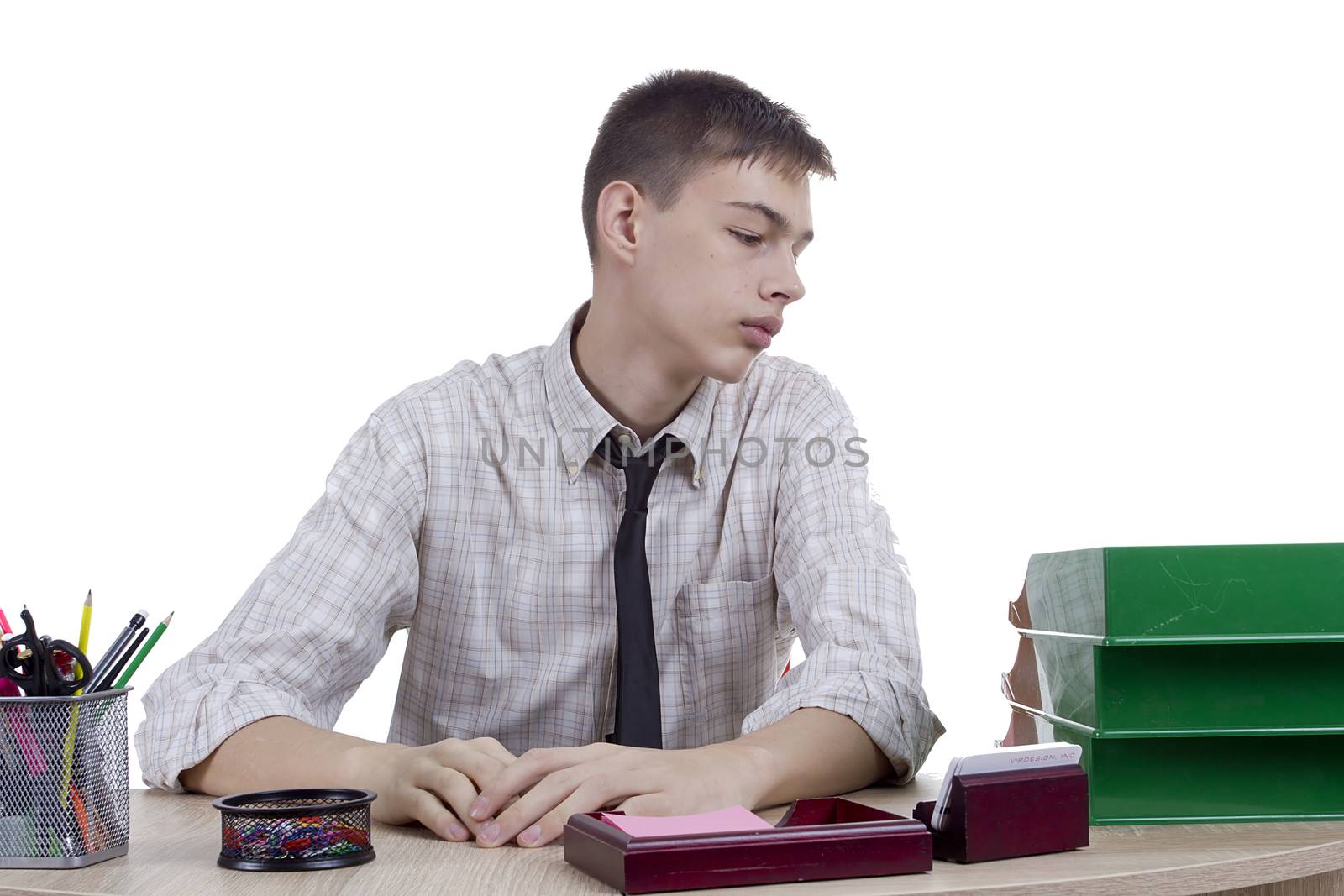 Relaxed young man office worker on a white background