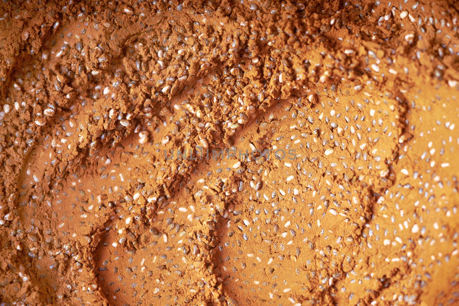 Cocoa powder with chia seeds background close-up