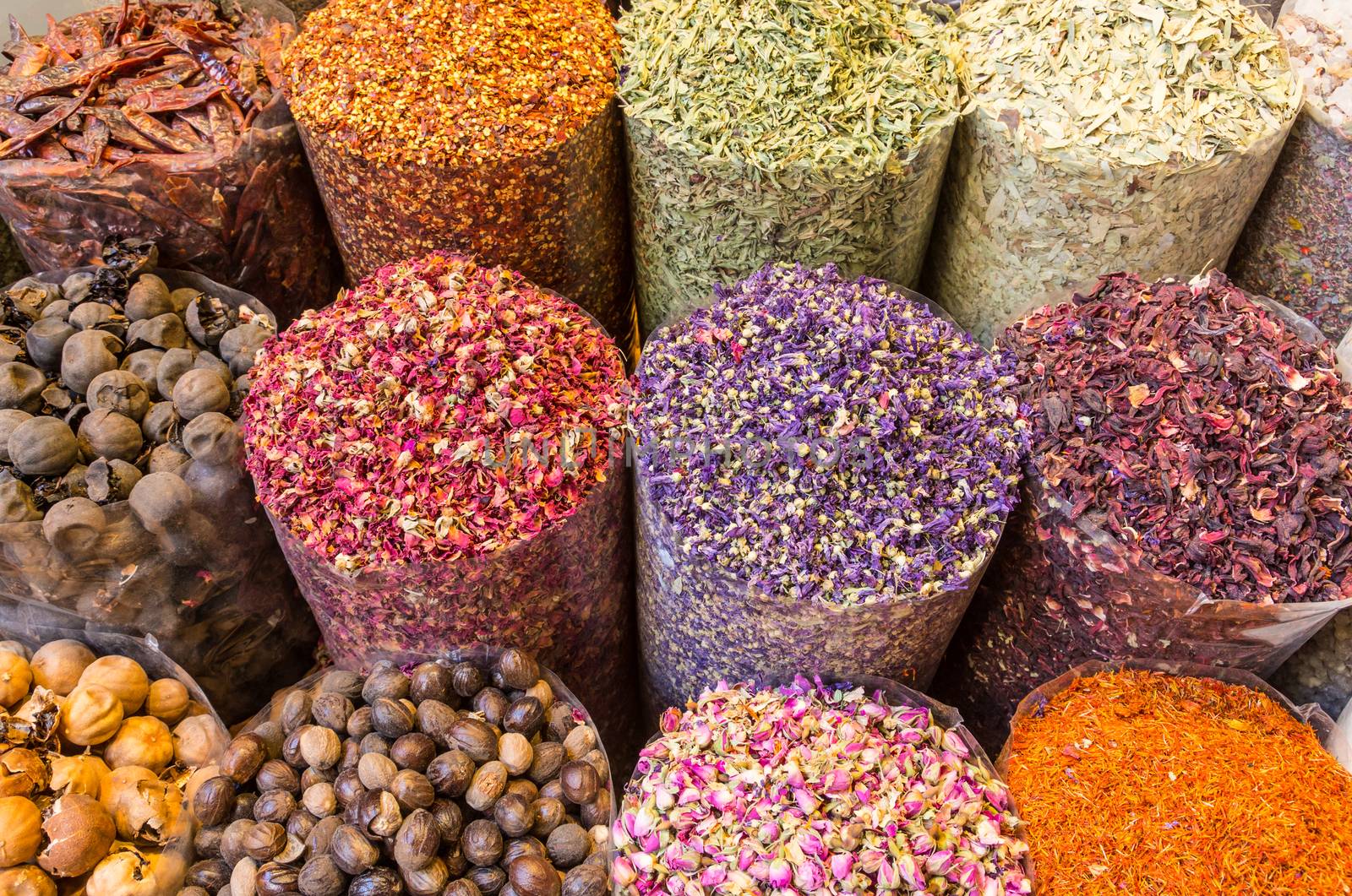 Spices and herbs being sold on street stal at Morocco traditional market.