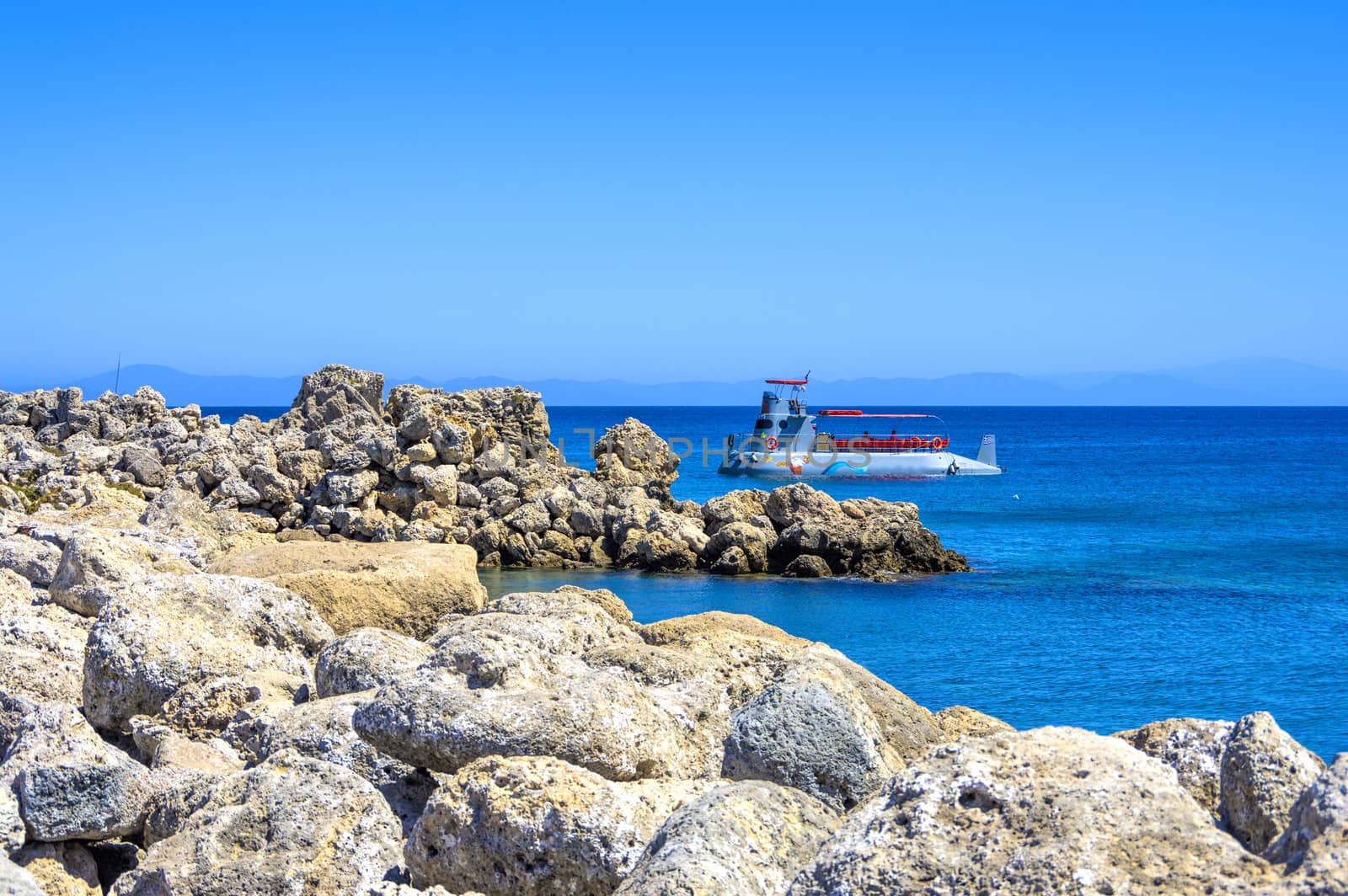 beautiful sea views of the city of Rhodes on the bright blue Mediterranean Sea