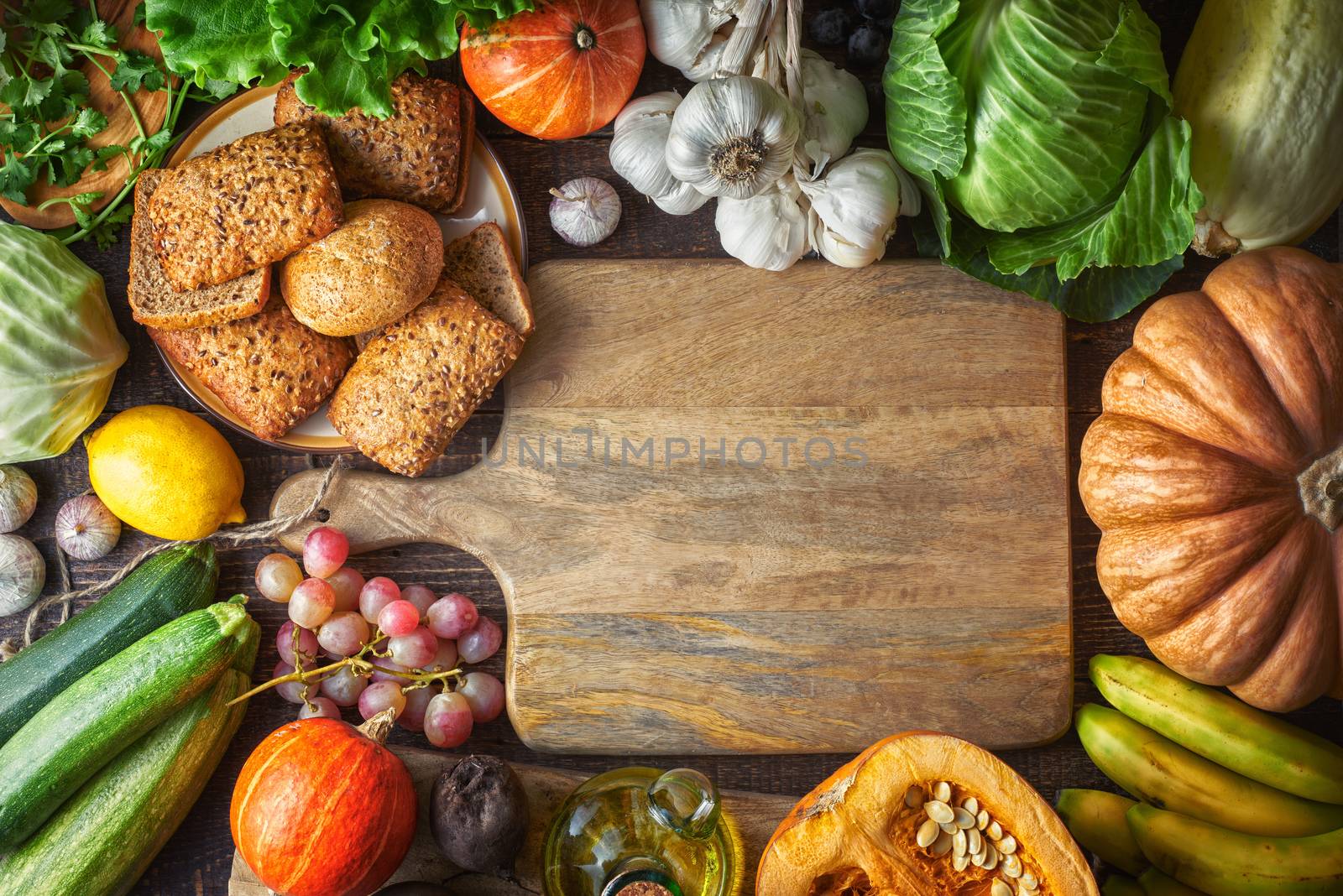 Different vegetable and grain bread on the wooden table  top view by Deniskarpenkov