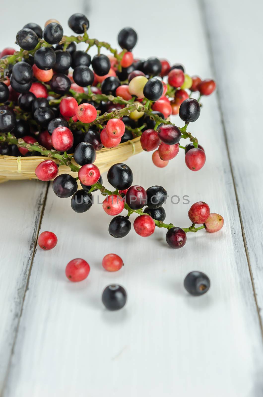 Thai Blueberry in bamboo basket over wooden background