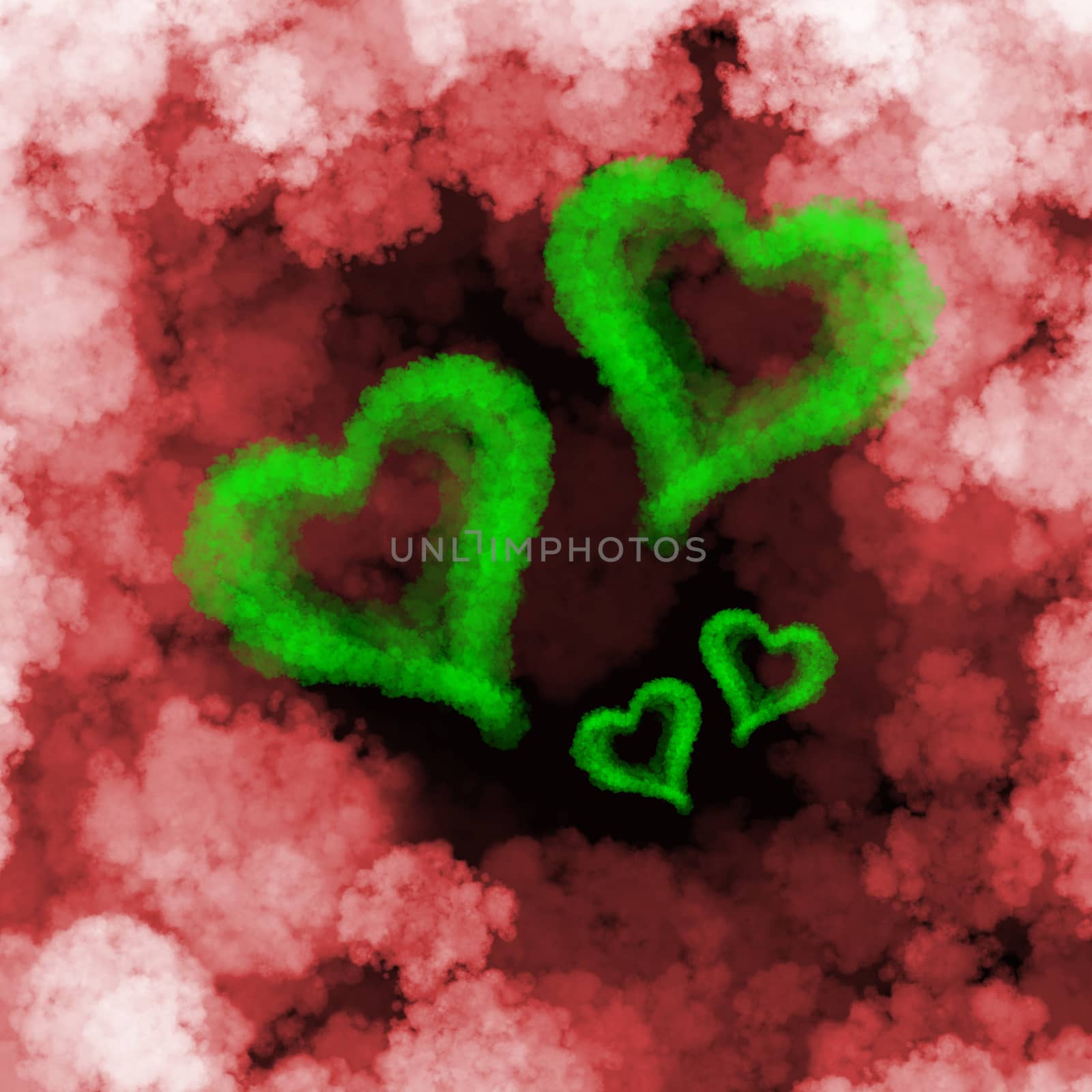 four green flying hearts made of smoke over cloud background by skrotov