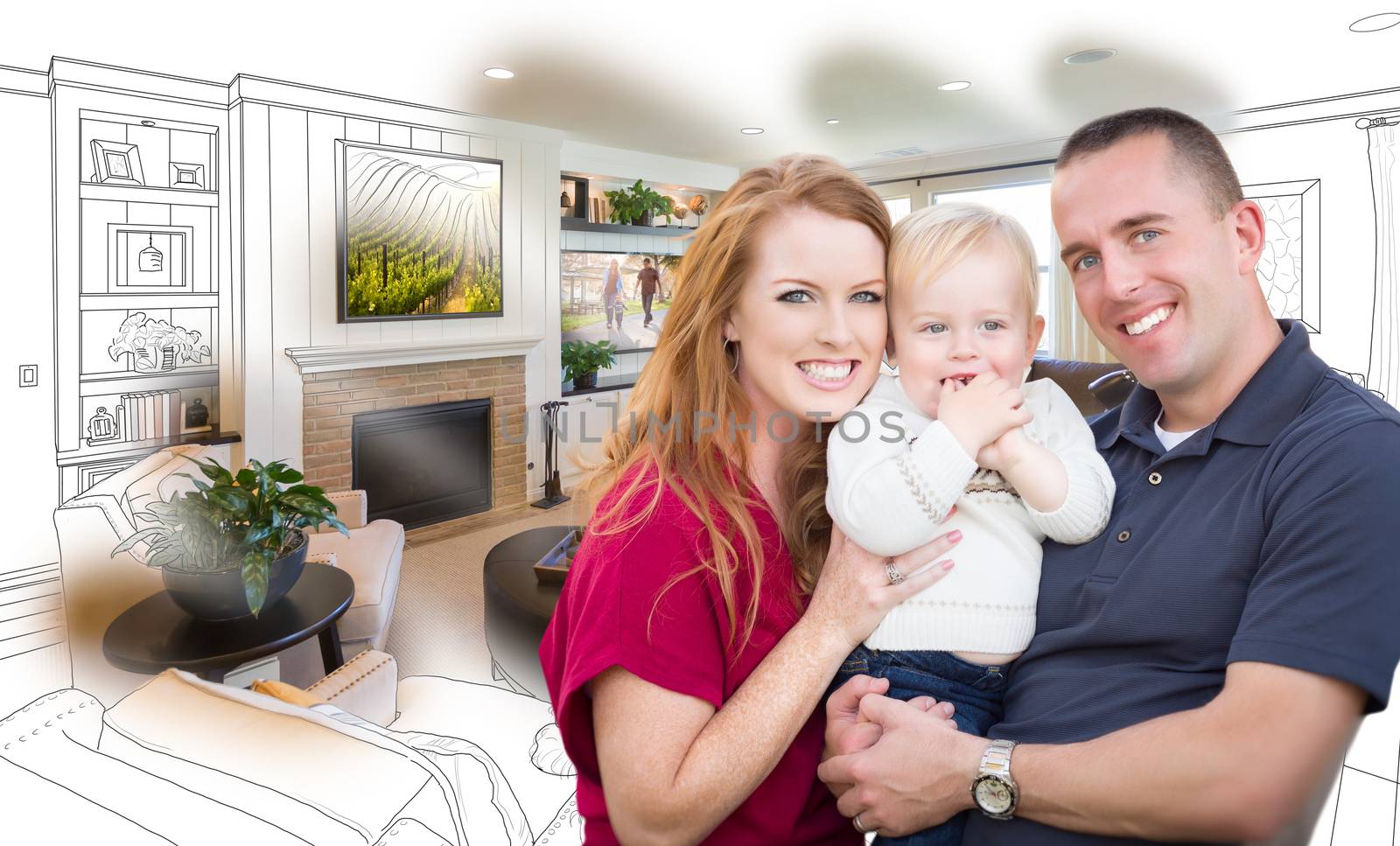 Young Military Family In Front of Living Room Drawing Photo Combination.