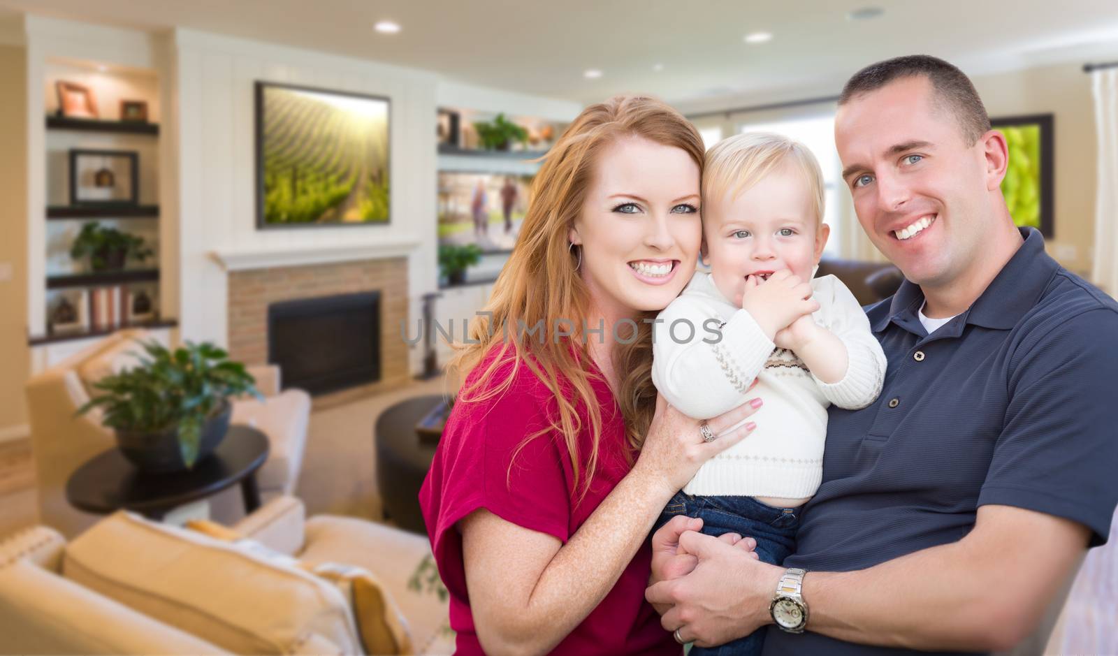 Happy Young Military Family Inside Their Beautiful Living Room.