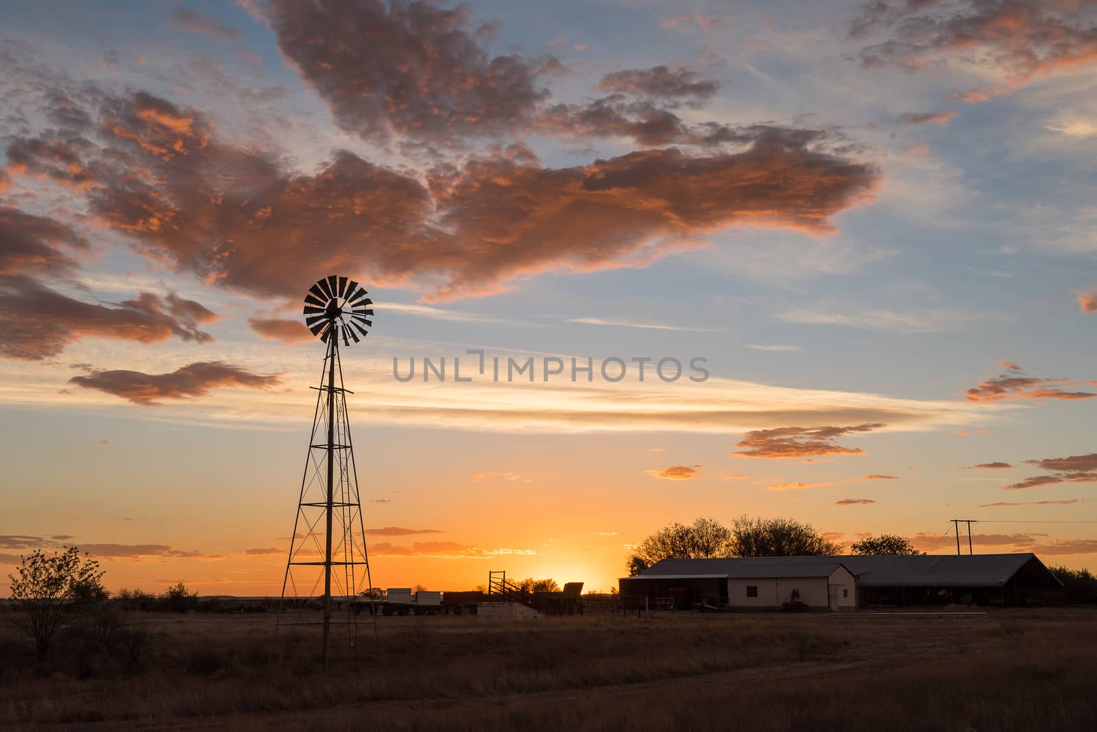 A water-pumping windmill at sunset on a farm near Ritchie in the Northern Cape Province of South Africa