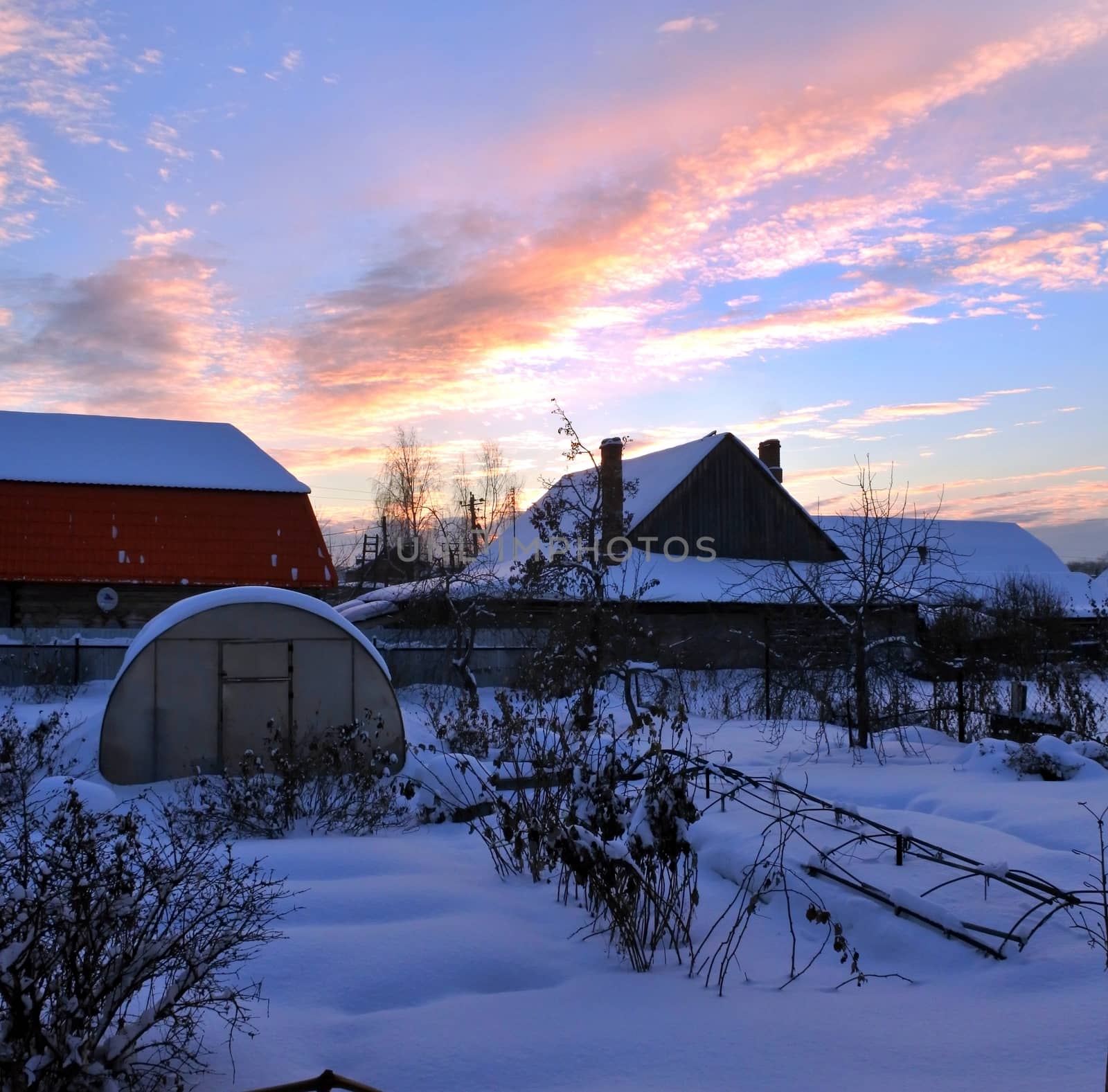 Winter landscape with a sunset in South-Ural region, Russia. Winter nature.