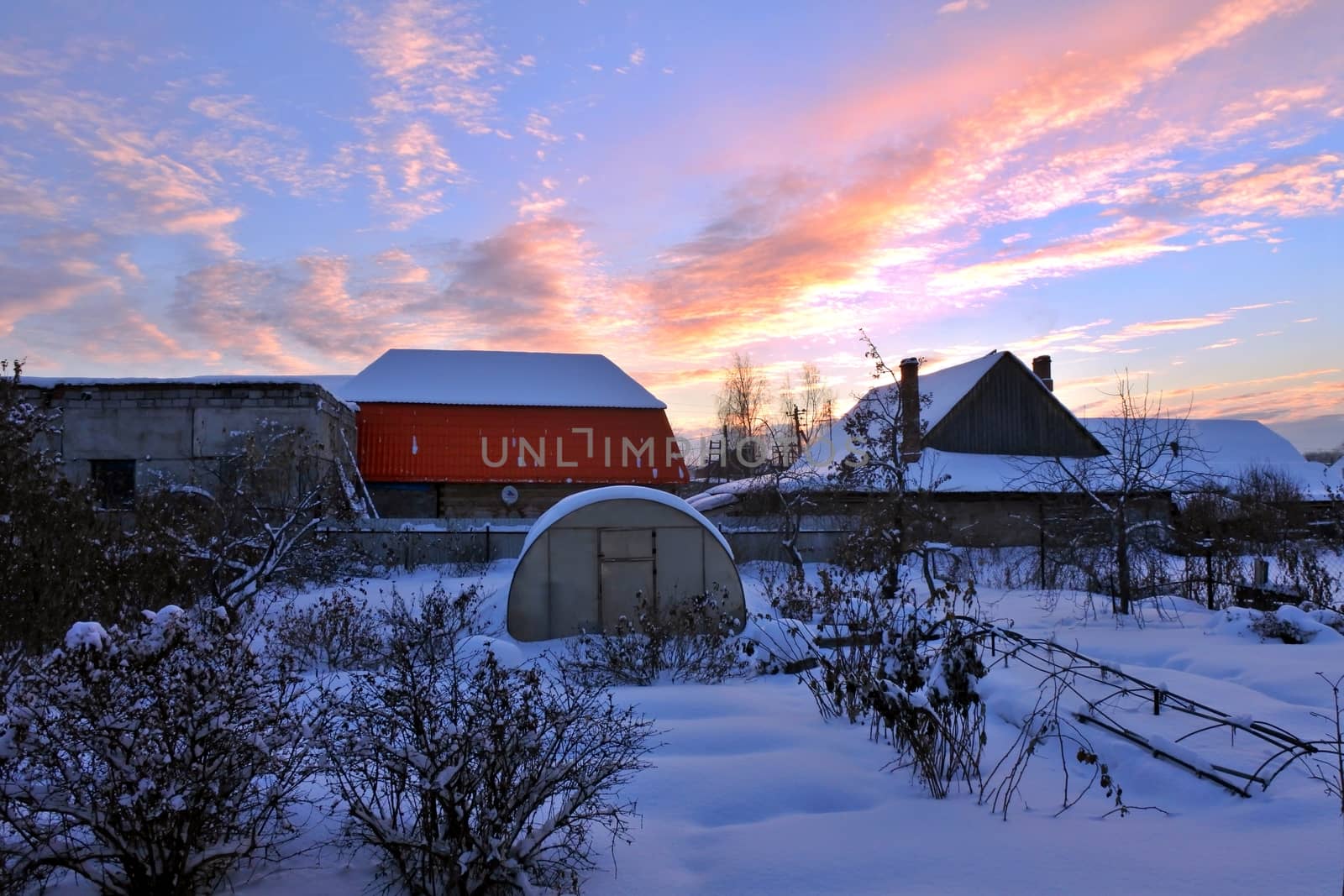 Winter landscape with a sunset in South-Ural region, Russia. Winter nature.