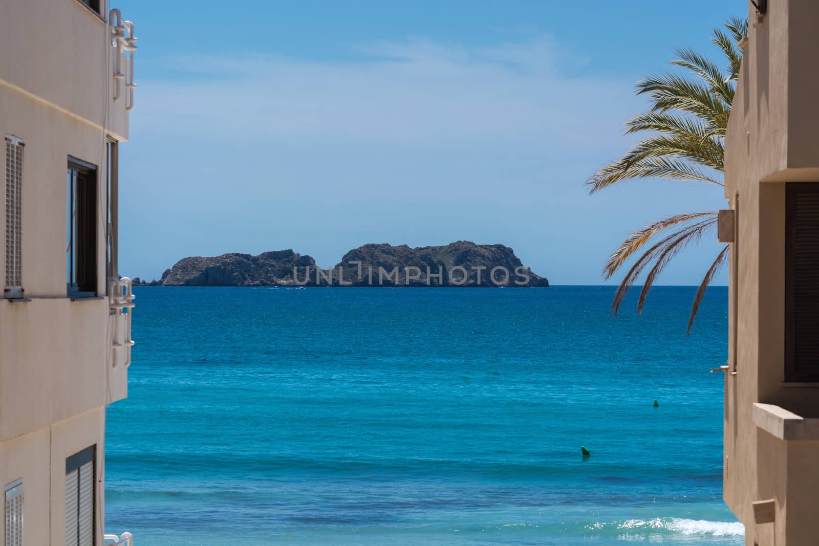 Overlooking the blue sea in the foreground a Spanish style house and a palm tree.