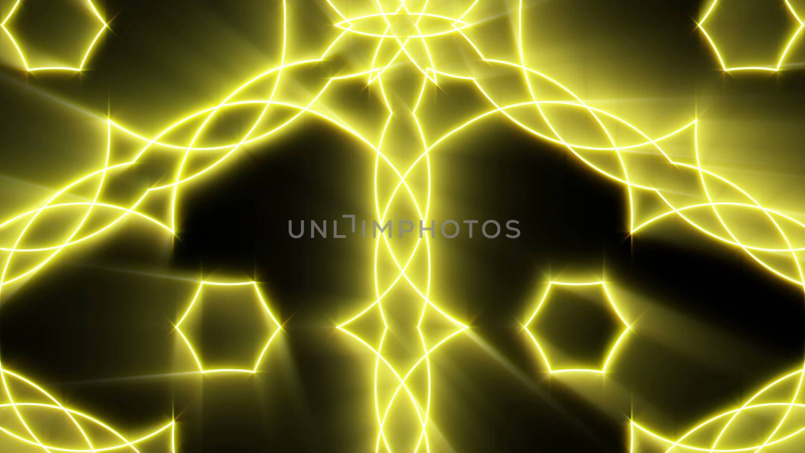 Shining gold kaleidoscope with black background. Glow elements