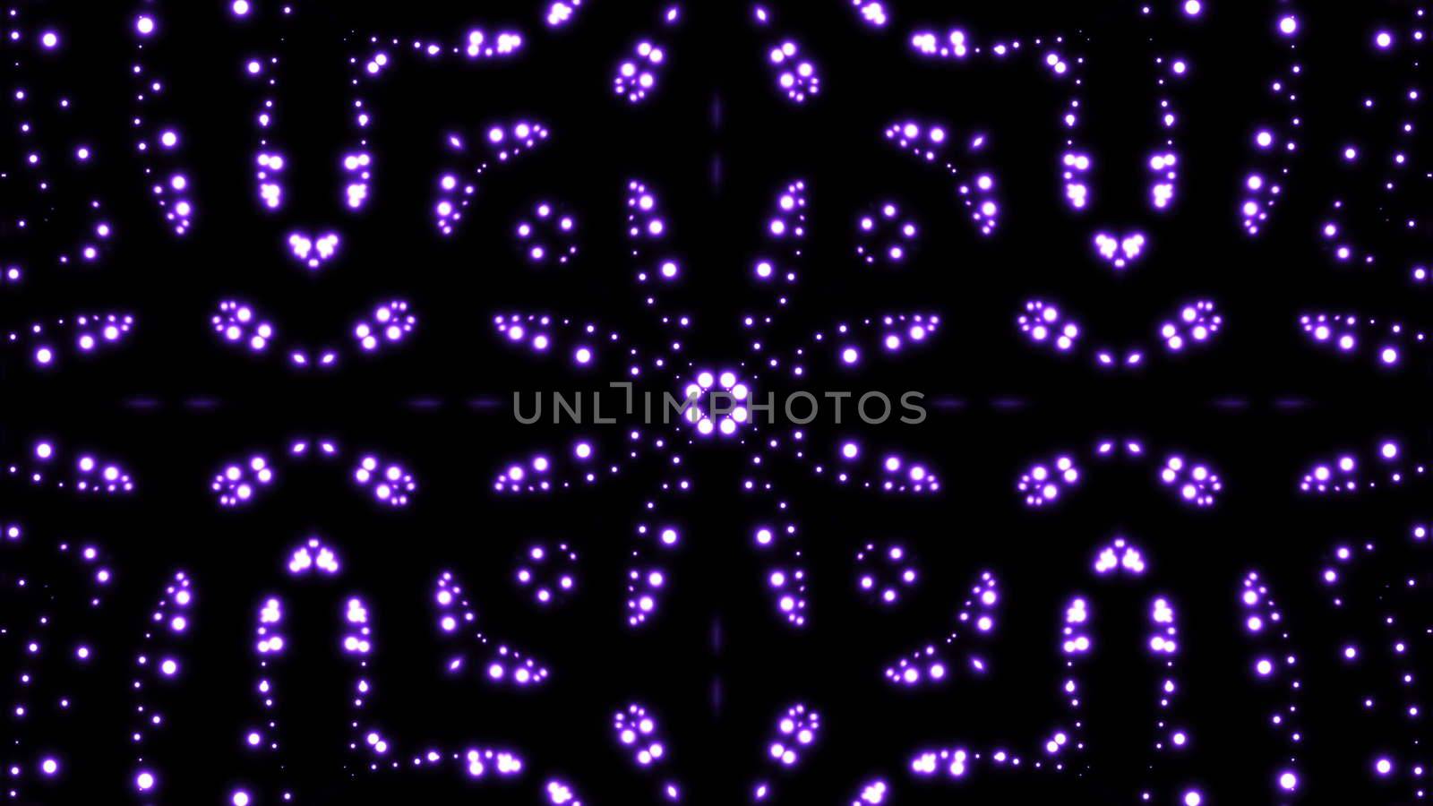 Glowing particles kaleidoscope with black background. Shining elements