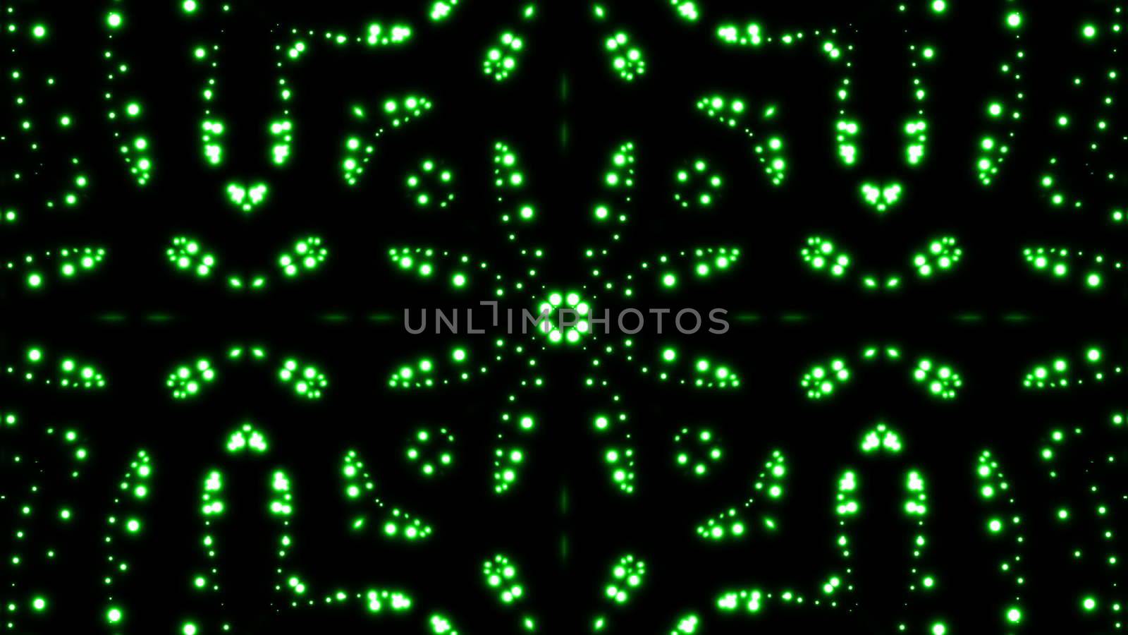 Glowing particles kaleidoscope with black background. Shining elements