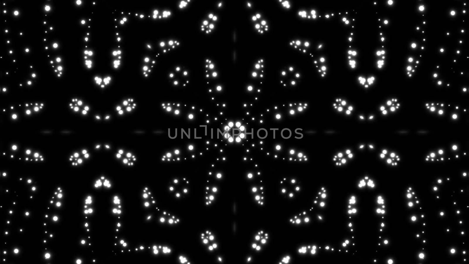 Glowing particles kaleidoscope with black background. Shining elements