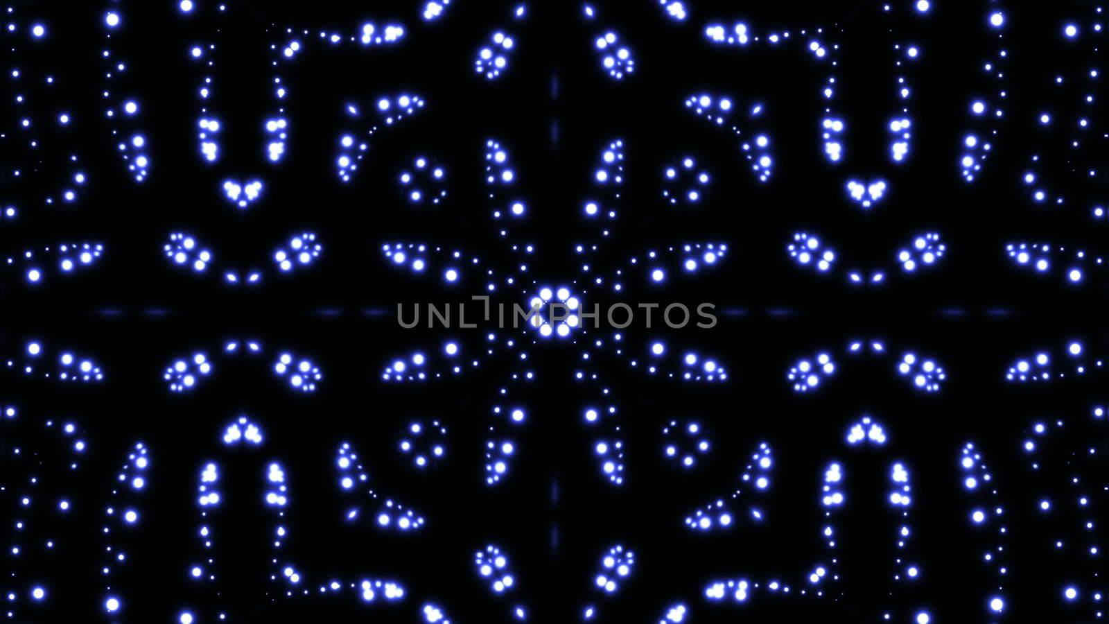 Glowing particles kaleidoscope with black background. Shining elements