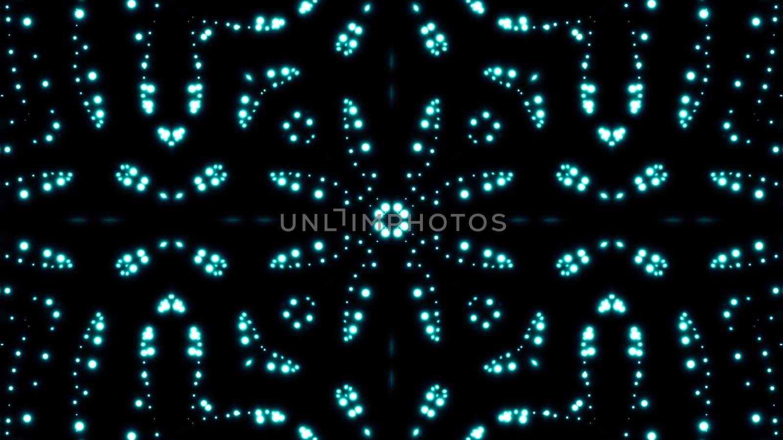 Glowing particles kaleidoscope with black background. Shining elements