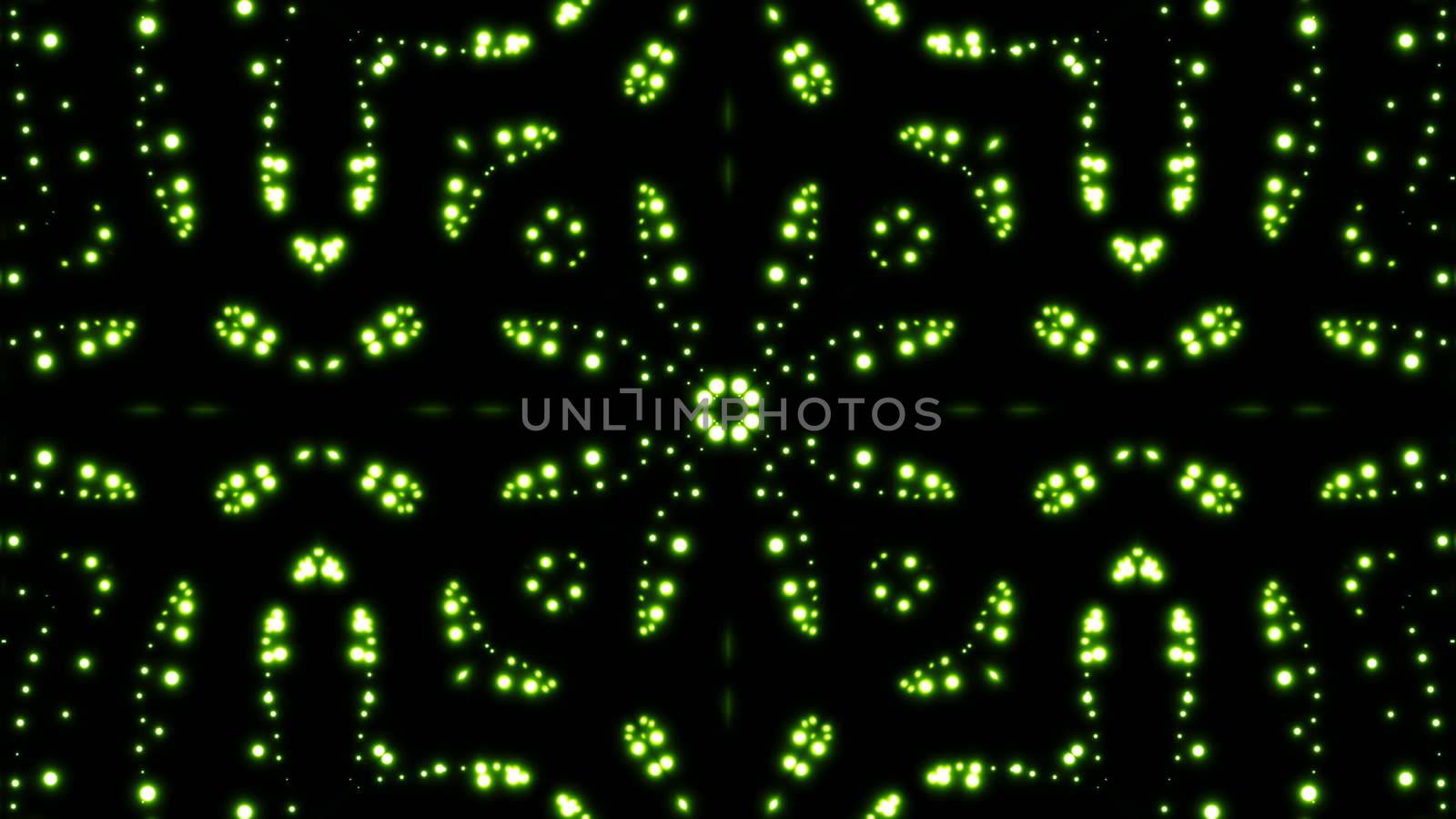 Glowing particles kaleidoscope with black background. Shining elements