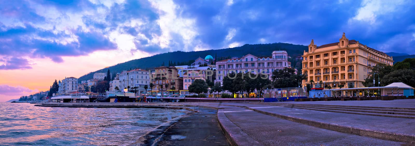 Town of Opatija waterfront sunset panorama, Kvarner bay of Croatia