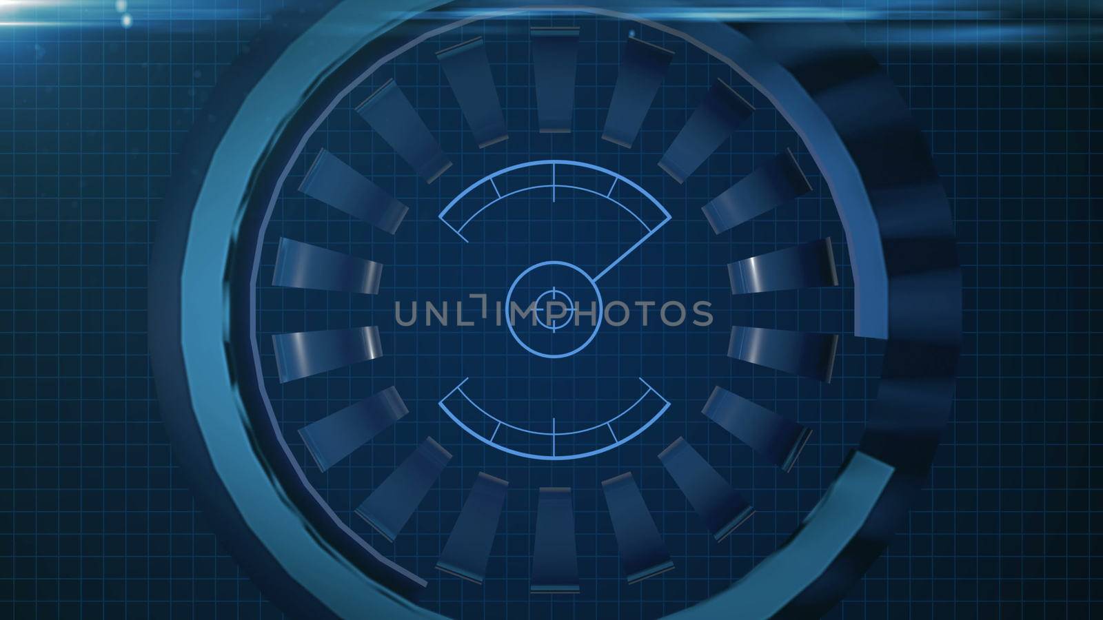 HUD circle interface with different glowing blue elements.