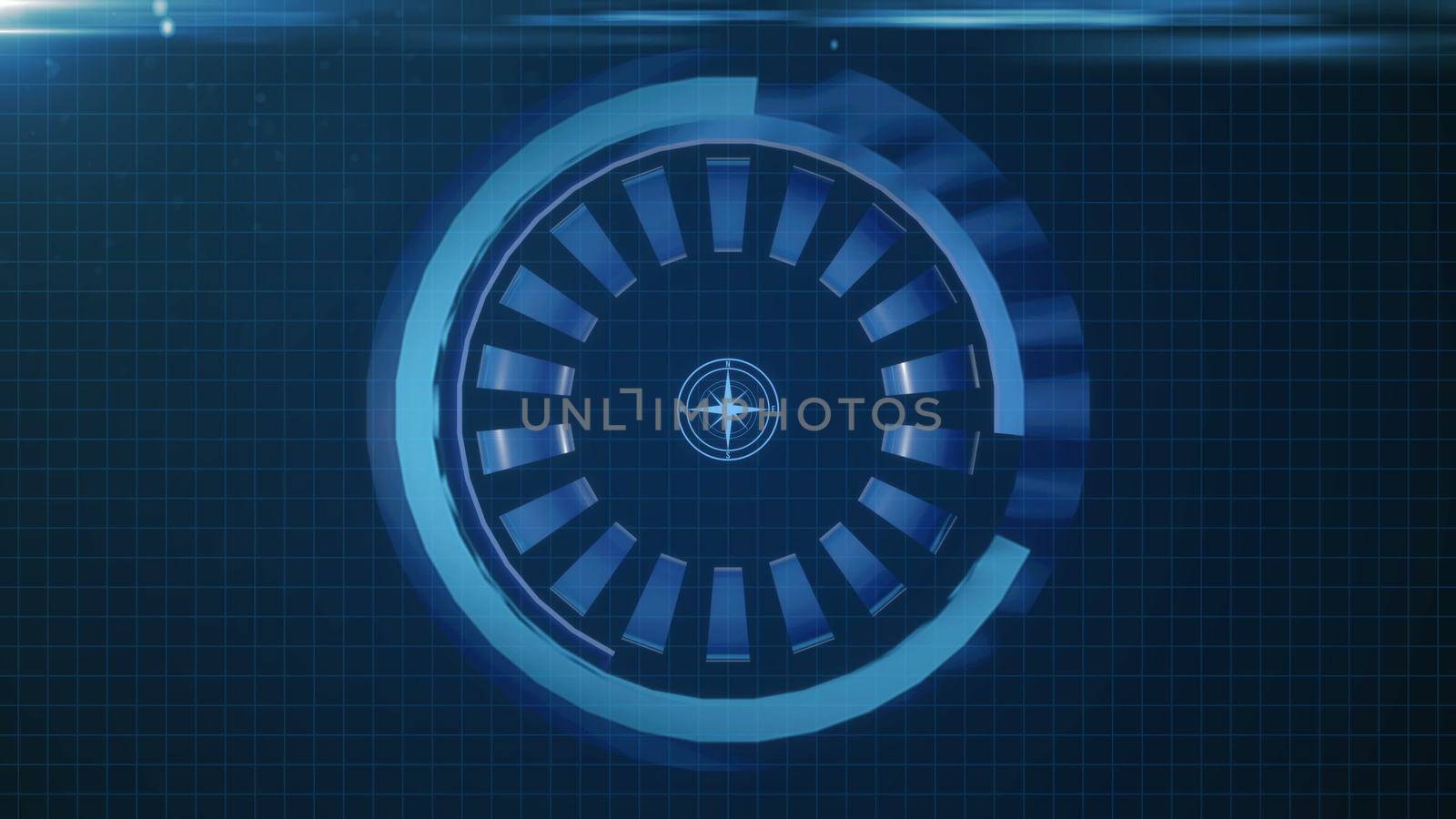 HUD circle interface with different glowing blue elements.