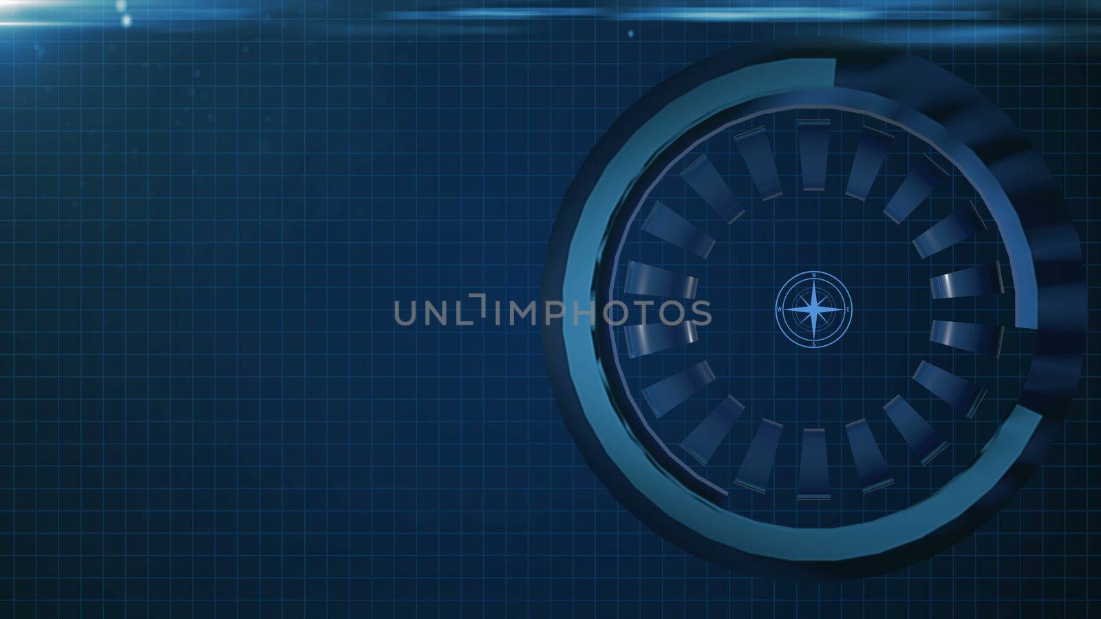 HUD circle interface with different glowing blue elements.