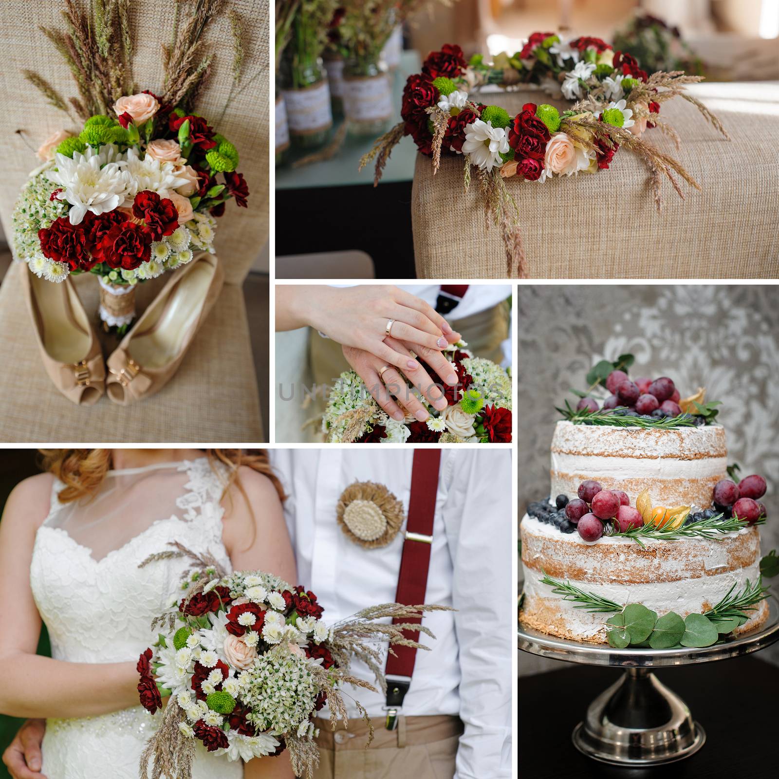 collage of wedding photos. Decor and bouquet and accessories.