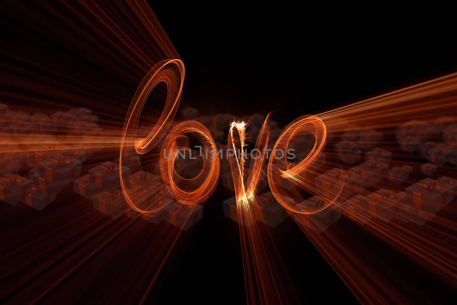 Love word lettering written with fire flame or smoke on black background full of gift boxes. 3d illustration.