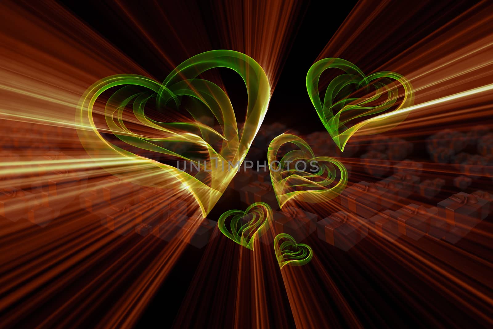 Flying hearts painted by fire flame or smoke on black background full of gift boxes. 3d illustration by skrotov