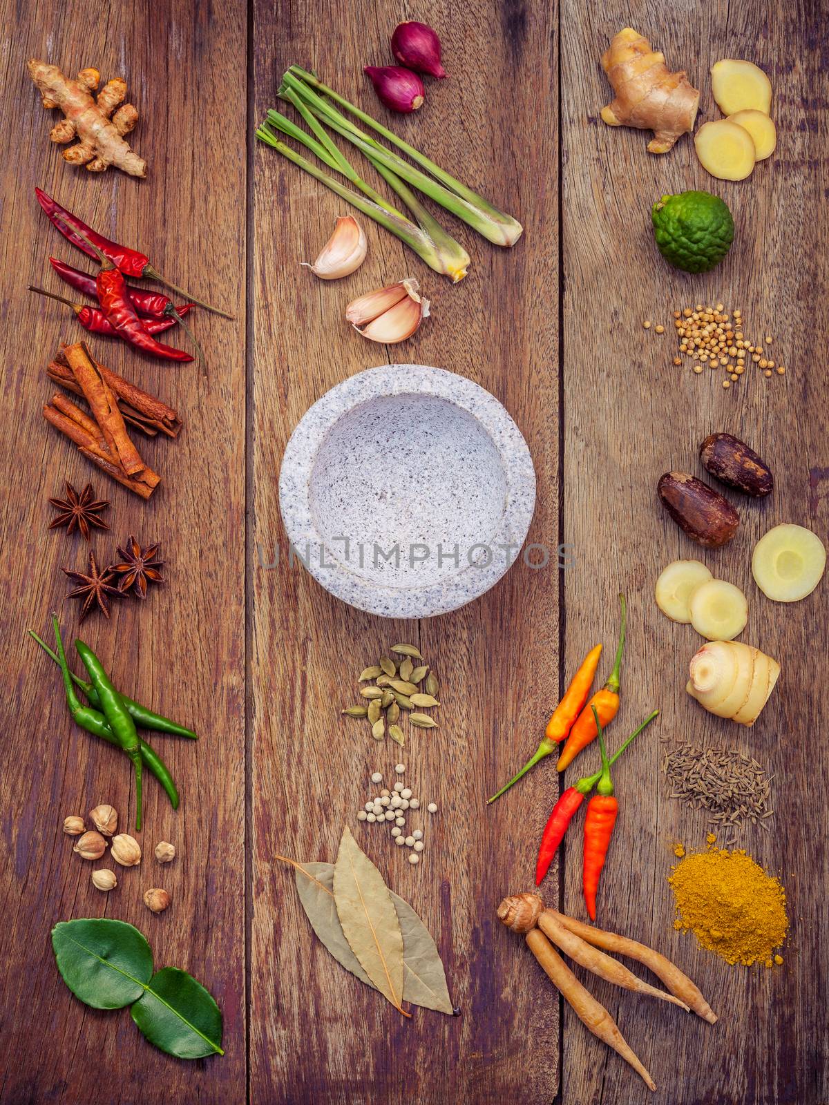 Various of Thai food Cooking ingredients and spice red curry paste ingredient of thai popular food on rustic wooden background. Spices ingredients chilli ,pepper, garlic and Kaffir lime leaves .